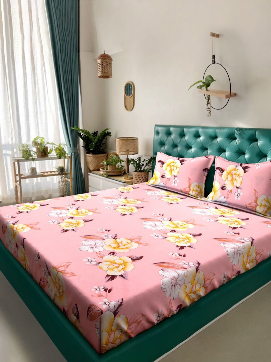 Aura Pink Floral Cotton 300 TC Fitted King Fine Bedsheet with 2 Pillow Covers-98 x 89 inches