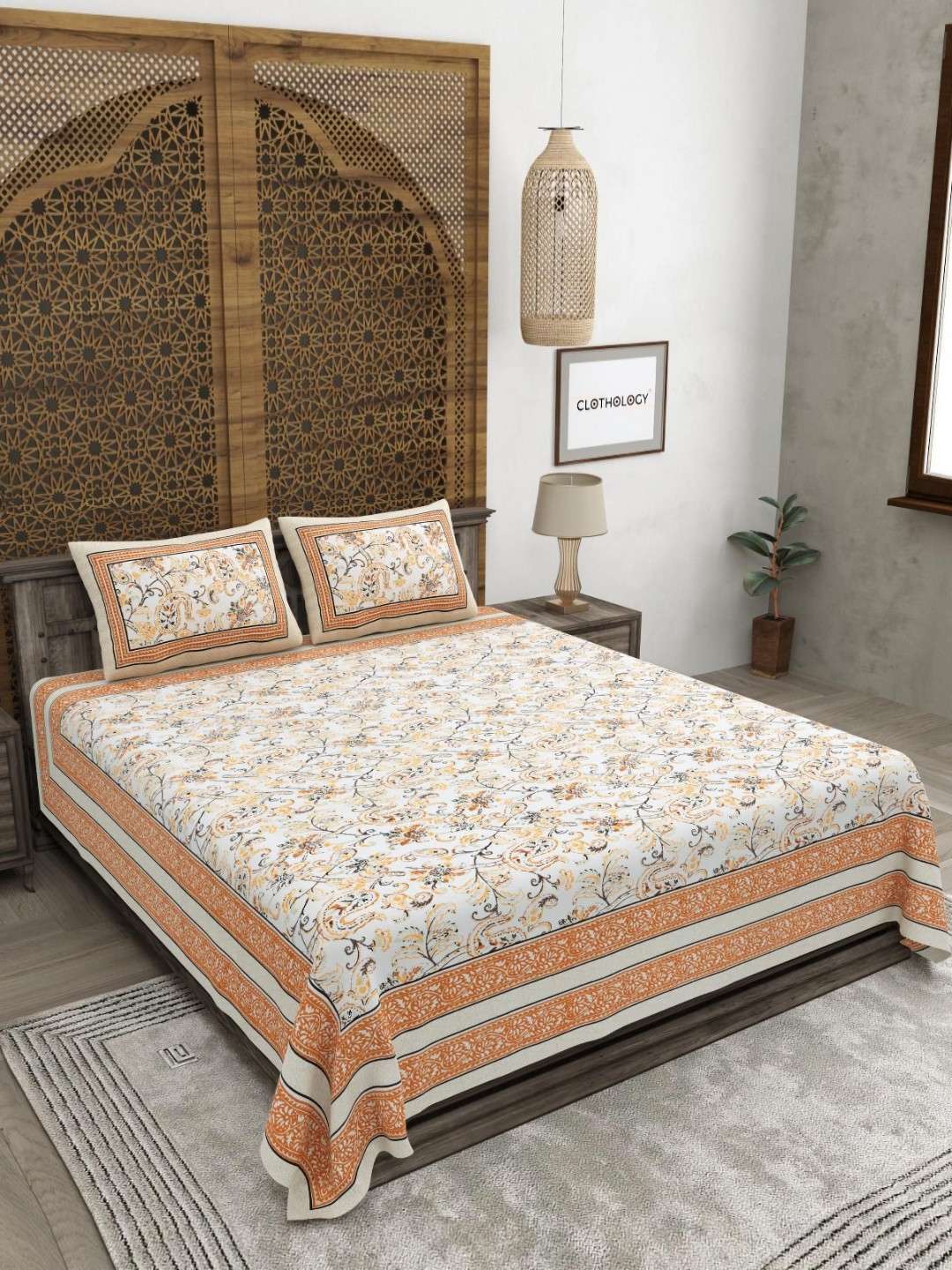 CLOTHOLOGY Amber Marigold Scroll Virasat 180 TC Cotton King Bedsheet with 2 Pillow Cover