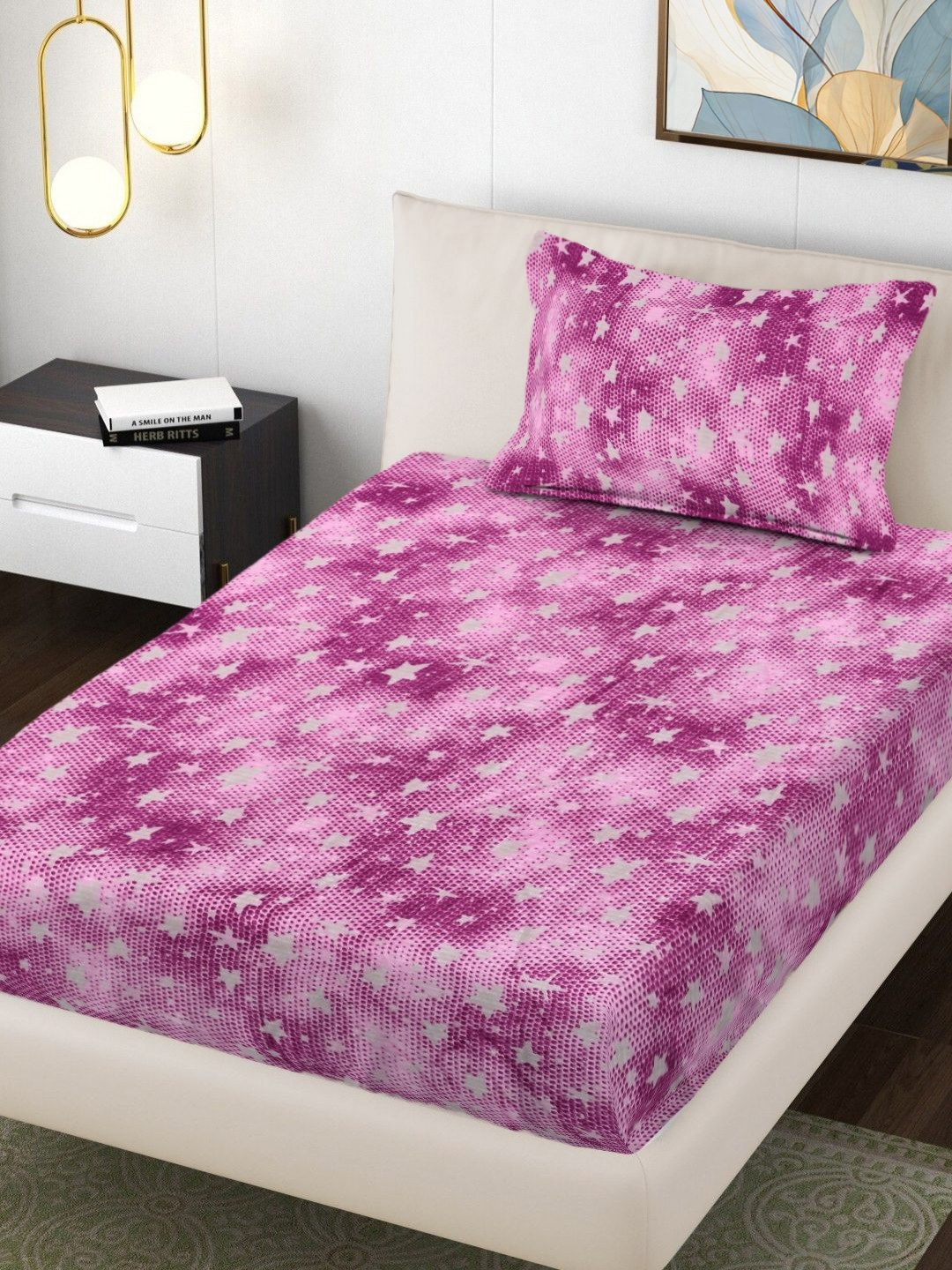 Myntra Elegant Homes Pink Printed 300TC Woolen Single Bedsheet Set 2.20 m x 1.50 m