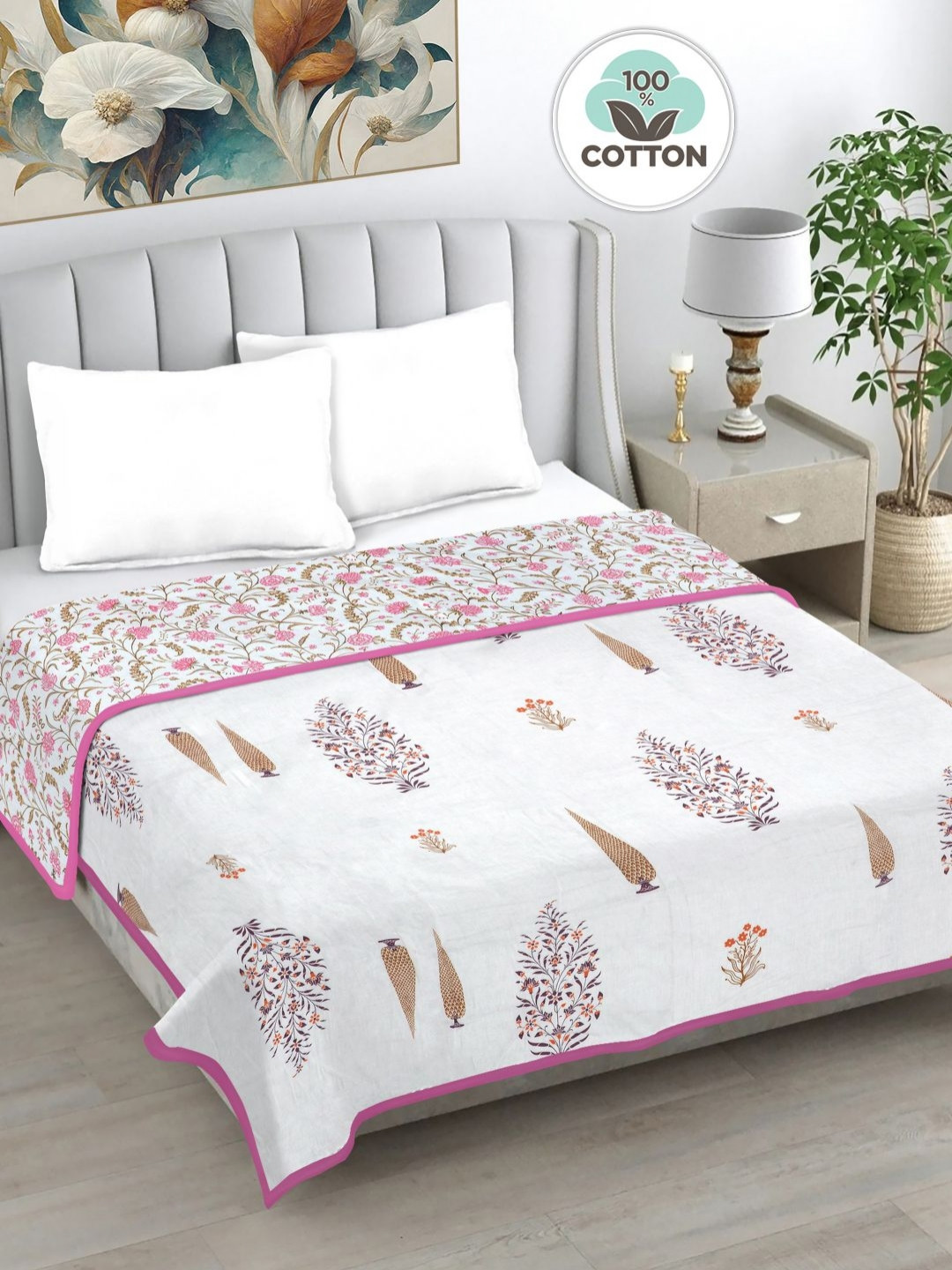 FABINALIV Pink Floral Printed Pure Cotton AC Room 230 GSM Reversible Double Bed Dohar