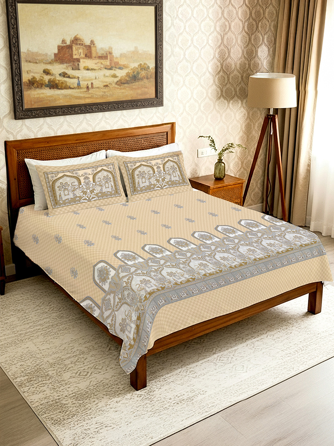 Regal Beige Floral Pure Cotton 300 Tc Double King Bedsheet Set