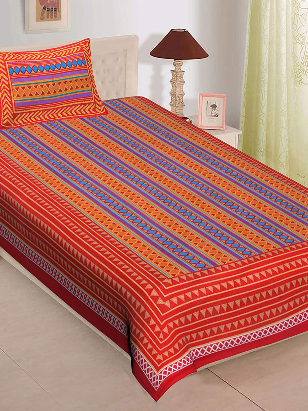 UNIQCHOICE Red Printed Cotton 120 TC Single Bedsheet With 1 Pillow Covers