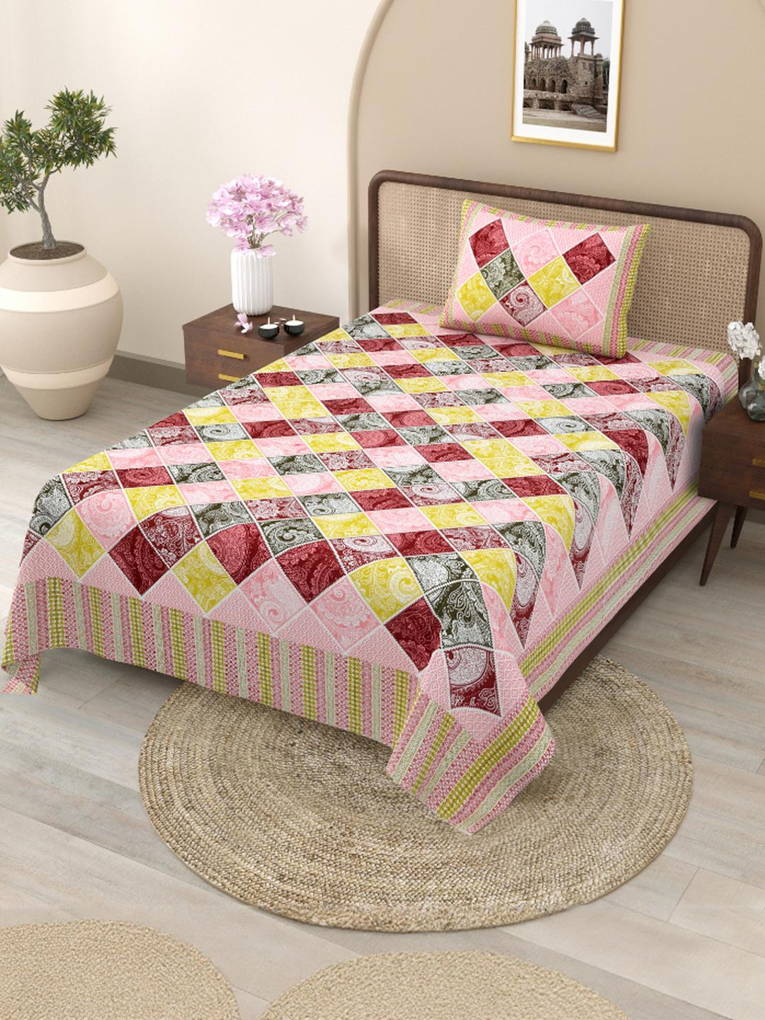 Shubastik Printed 210 TC Pure Cotton Single Bed Bedsheet With 1 Pillow Cover -1.52 X 2.28m
