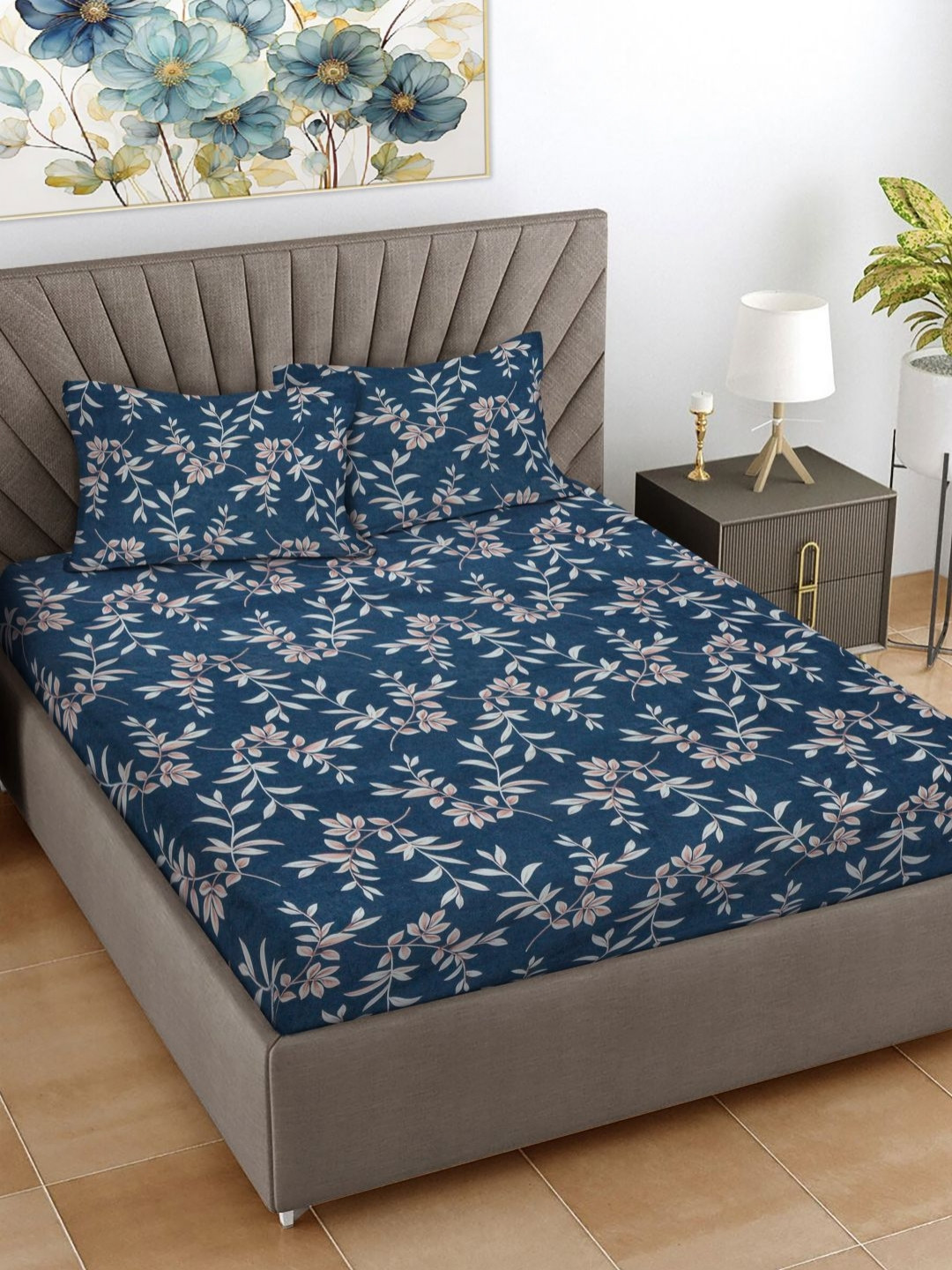 FABINALIV Blue Floral 300 TC Double King Bedsheet With 2 Pillow Covers 2.50 m X 2.20 m