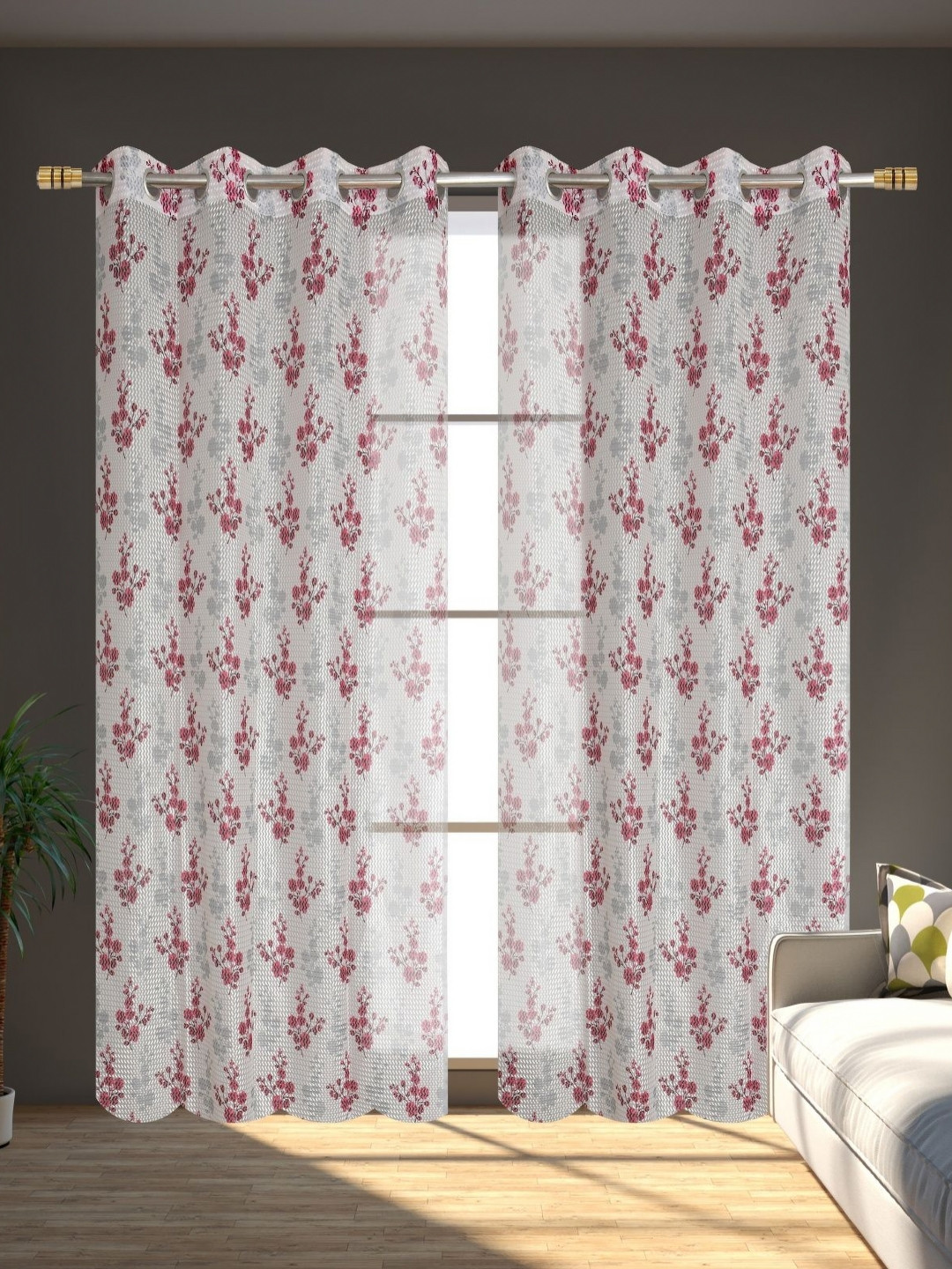 Galaxy Home Decor White & Purple 2 Pieces Floral Printed Sheer Window Curtains
