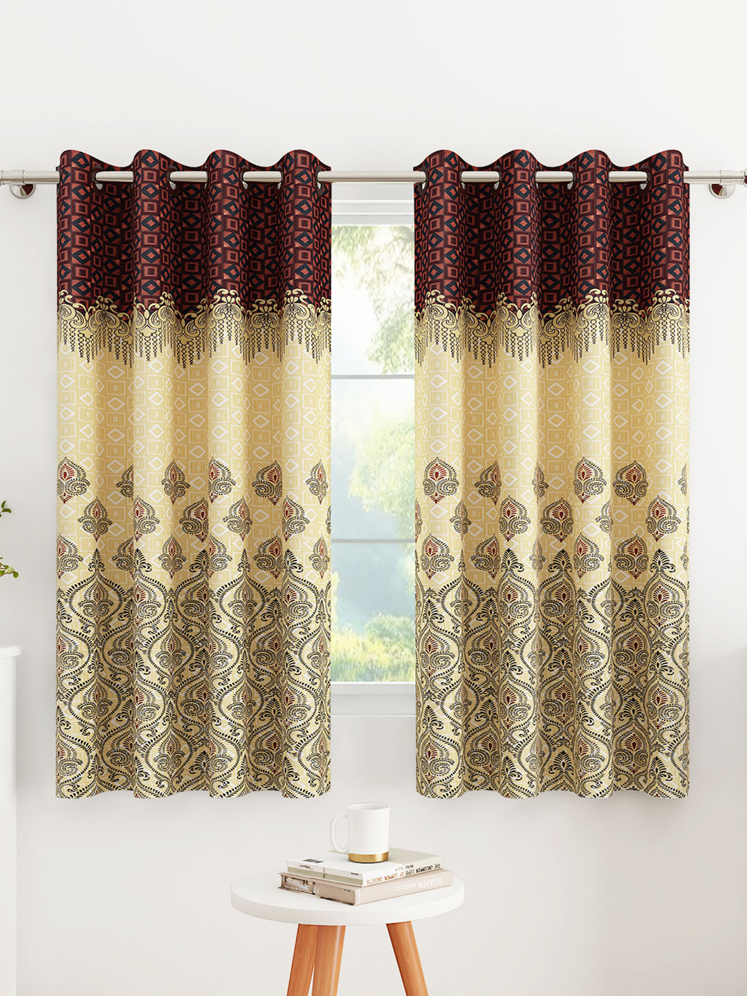 Story@home Bronze-Toned & Brown 2 Pieces Geometric Window Curtain