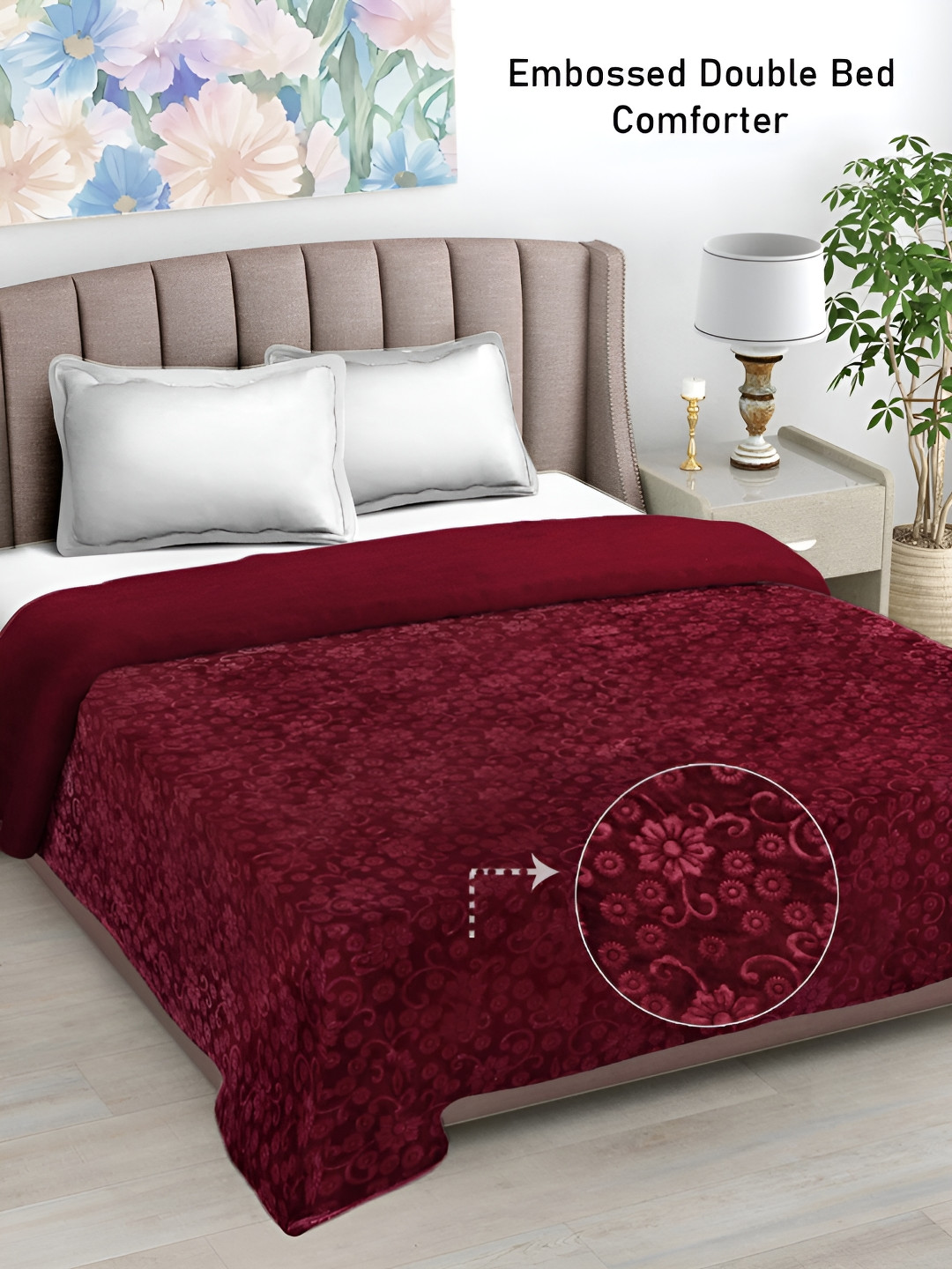 FABINALIV Maroon Floral Mild Winter 500 GSM Embossed Woollen Double Bed Comforter