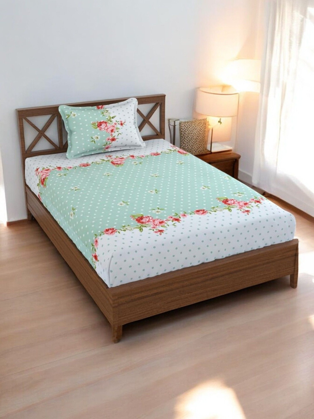 Homybees Green Floral 220 TC Single Bedsheet with 1 Pillow Covers