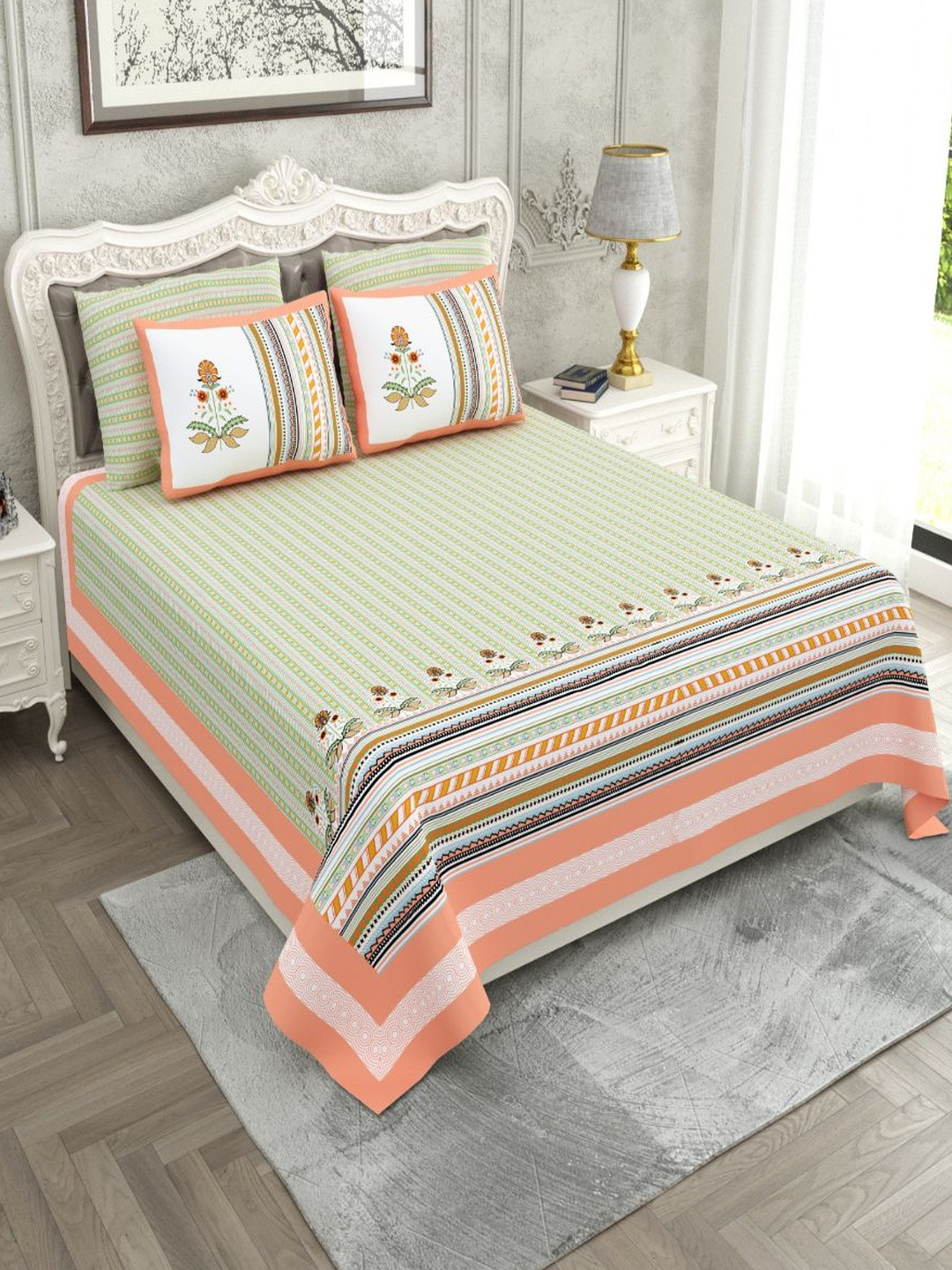 Myntra Elegant Homes Multi 260 TC Superfine Ethnic Motifs Cotton Super King Bedsheets
