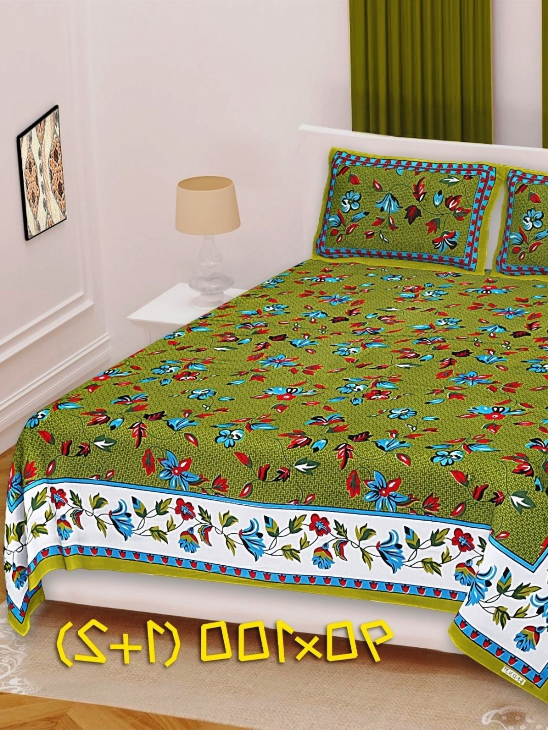 Cotton Choice Green & Blue Printed Cotton 180 TC Double King Bedsheet Set 2.15 m x 2.35 m