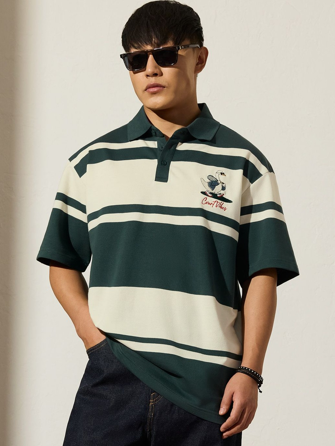 The Souled Store Mens Embroidered Green Oversized Polos T-Shirts