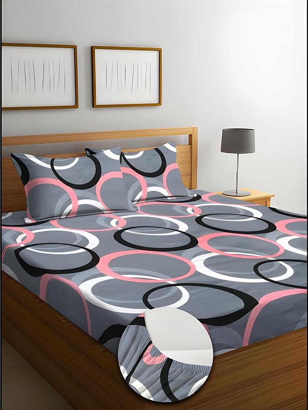 LUZDECOR Grey Geometric King Bedsheet with 2 Pillow Covers