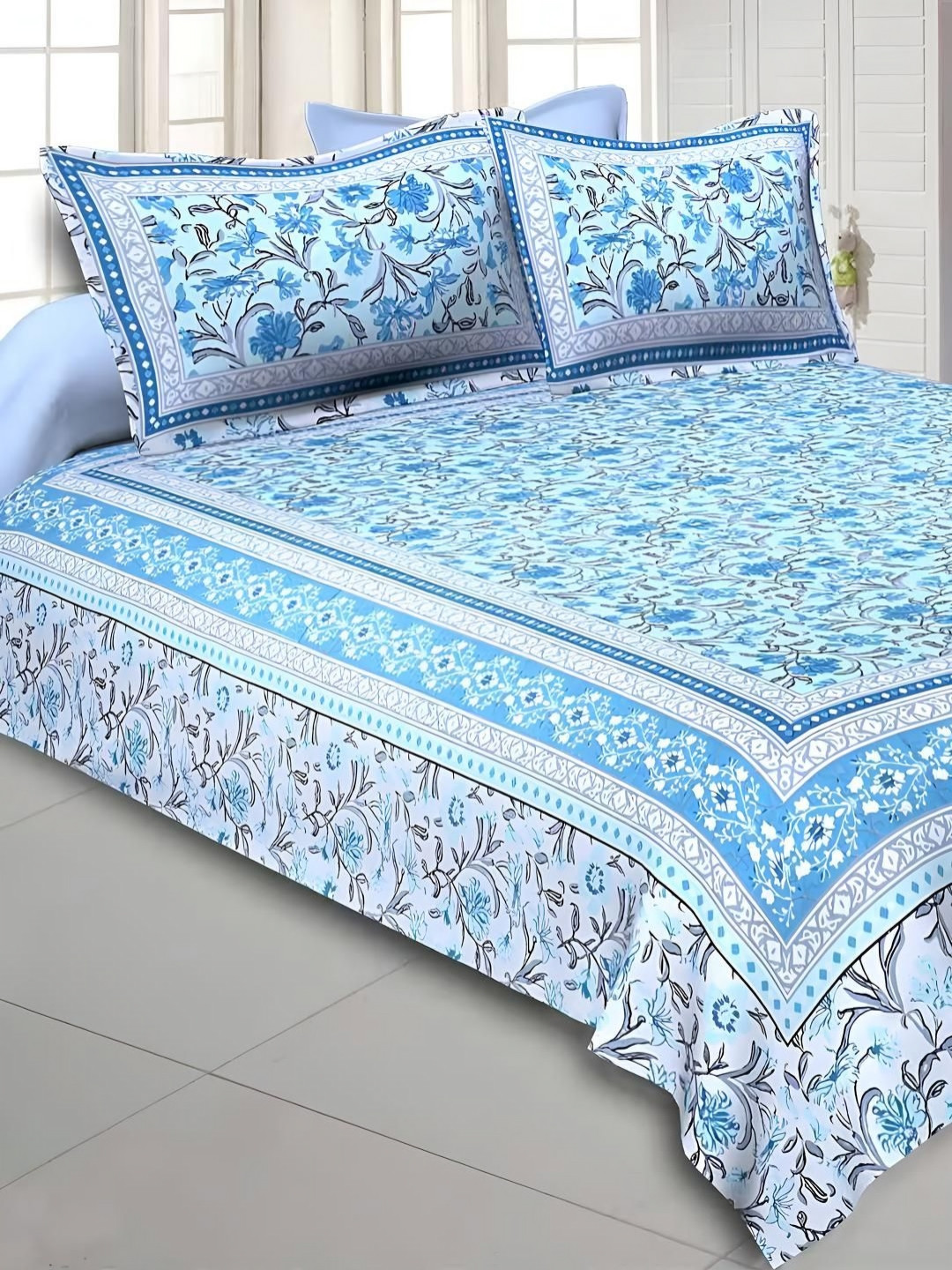 Myntra Elegant Homes Blue Printed Pure Cotton 240 TC King Bedsheet Set-2.74 m x 2.25 m