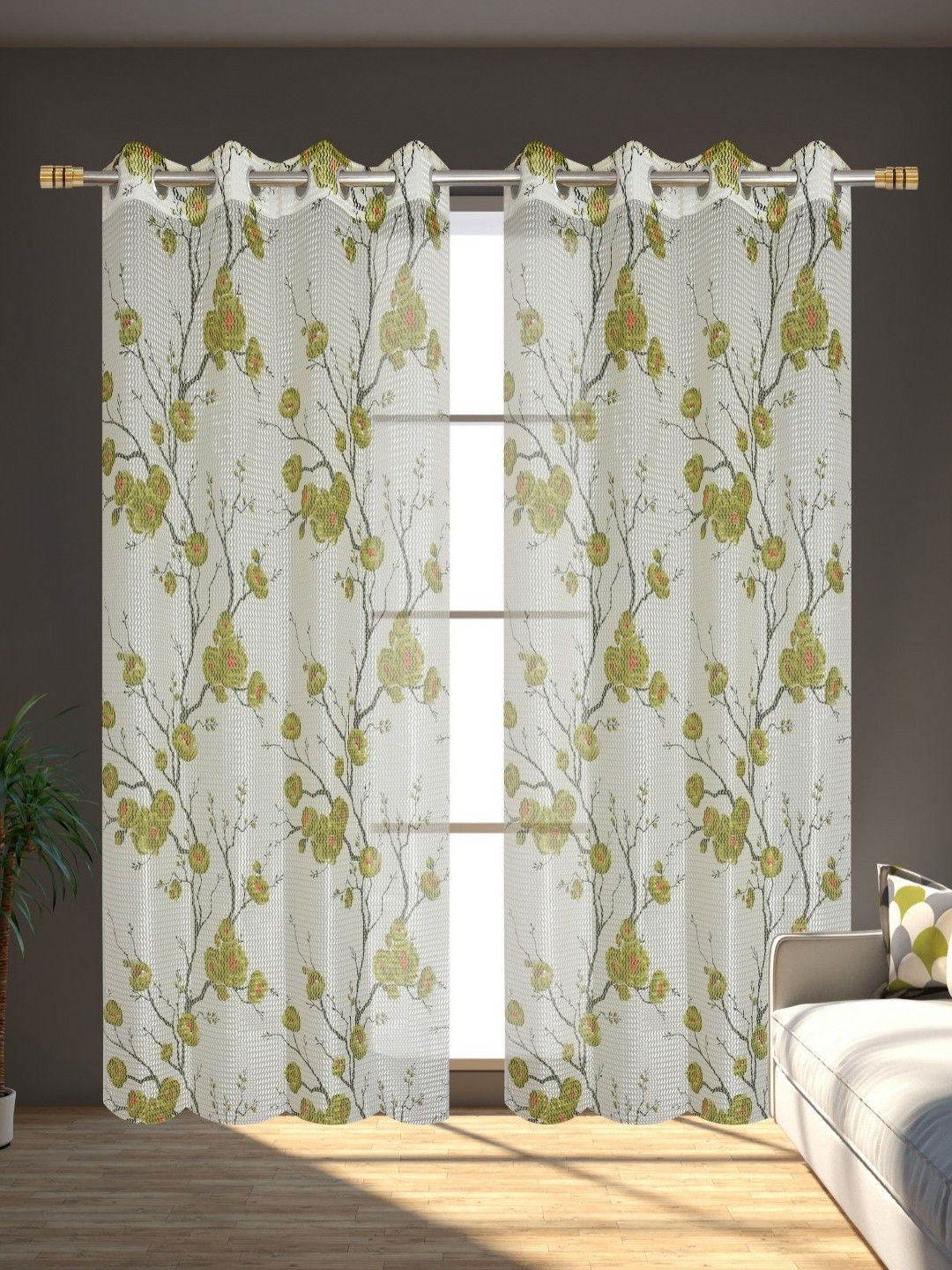 Galaxy Home Decor White & Green 2 Pieces Floral Printed Sheer Window Curtains