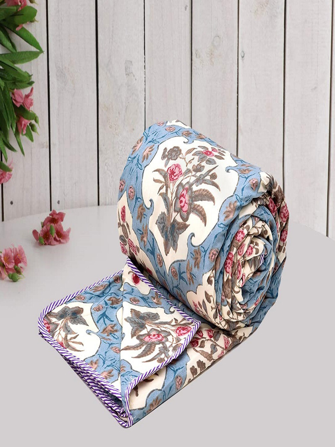 RRC Blue and Cream Floral Microfiber Cotton Reversible AC Room 120 GSM Single Bed Dohar