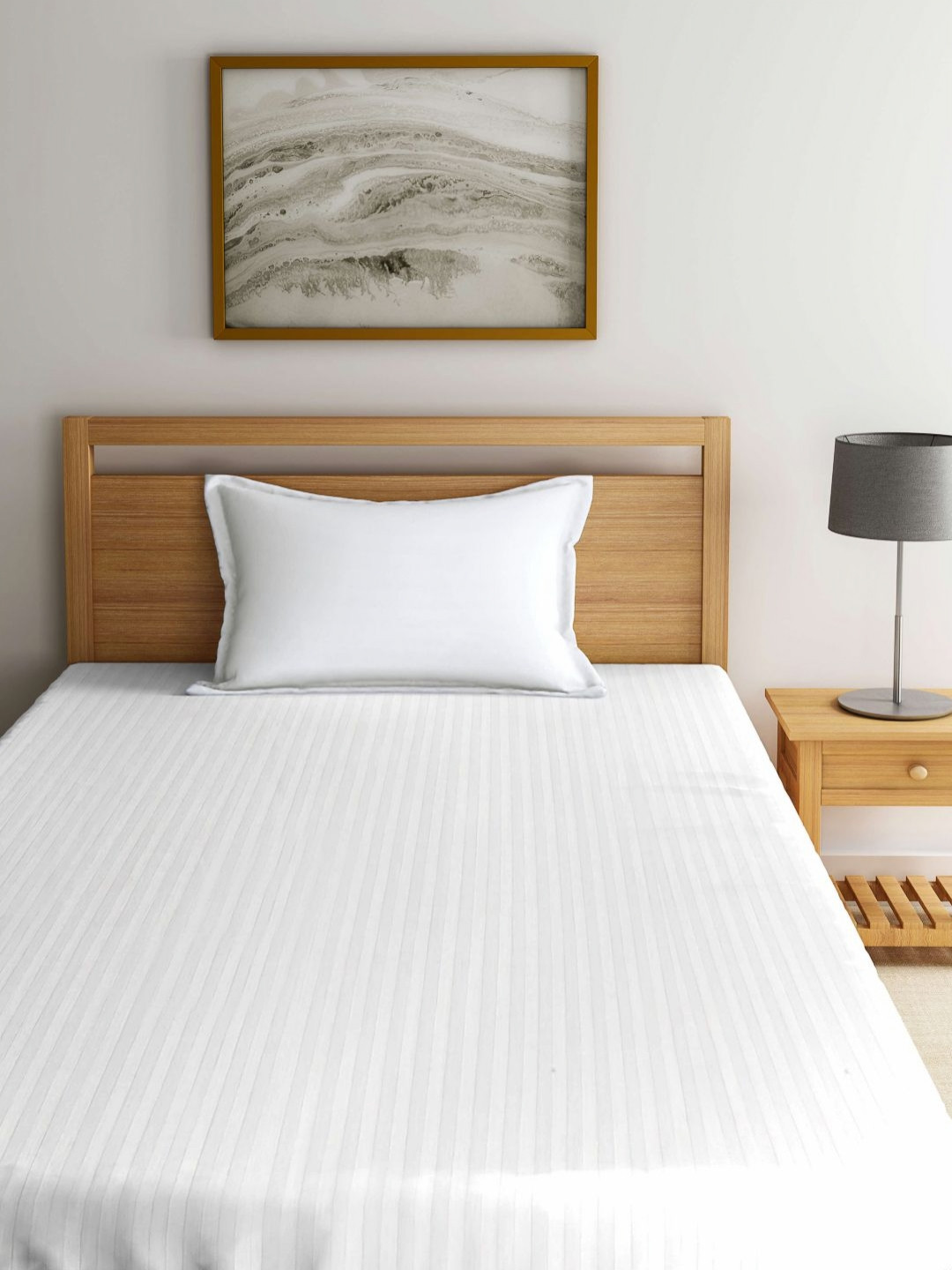 Aura White Striped Cotton Skin-Friendly 350 TC Fitted Double Superfine Bedsheet with a Pillow Cover-85 x 59 inches