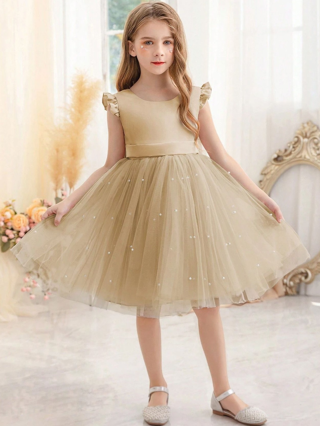 SHUBH BELLA Embellished Flared Sleeve Ruffled Net A-Line Dress