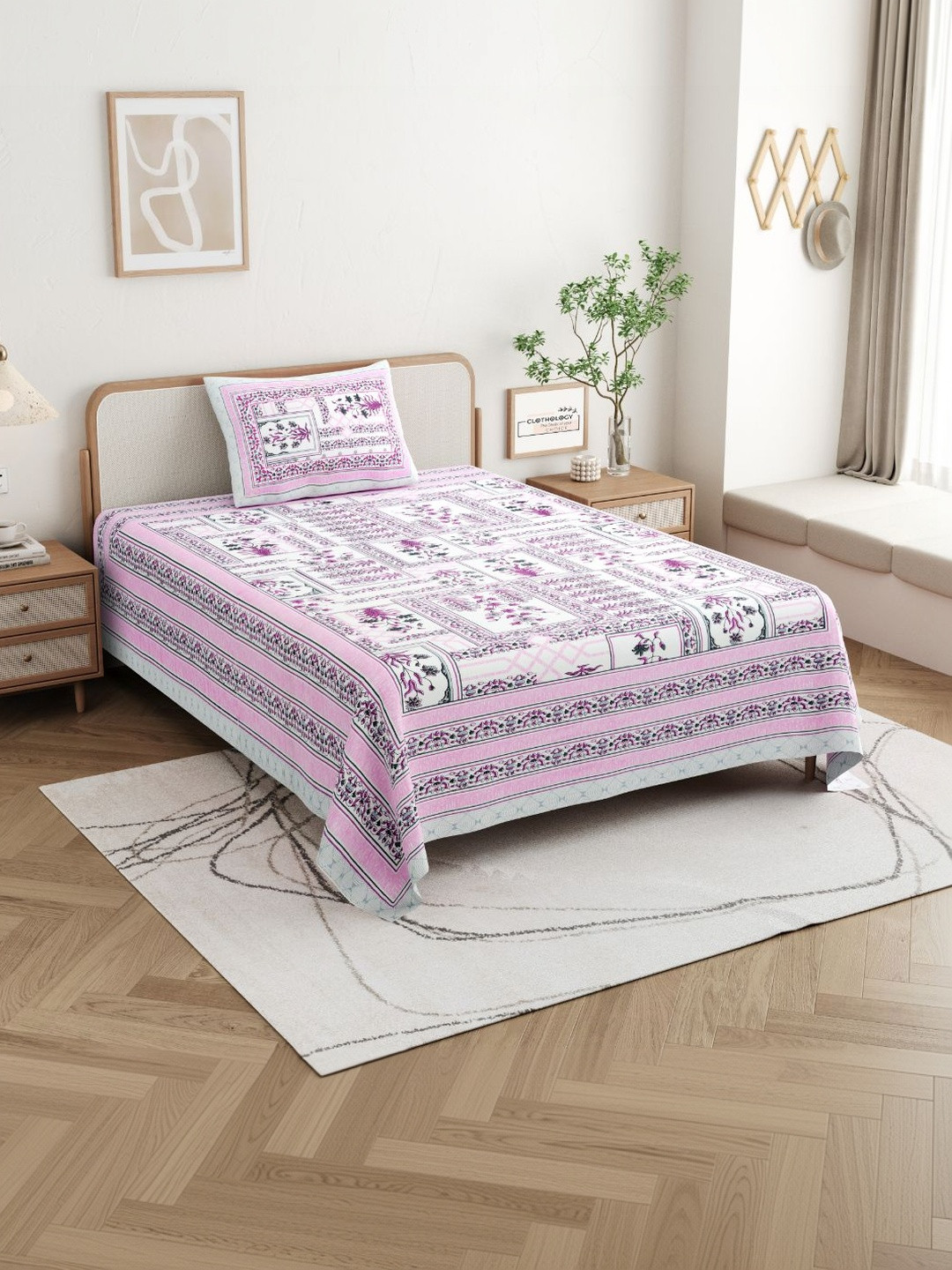 CLOTHOLOGY Mulberry Lavender Panel Print The Jharokha Memoir Cotton Single Flat 180 TC Jaipuri Prints Bedsheet Set