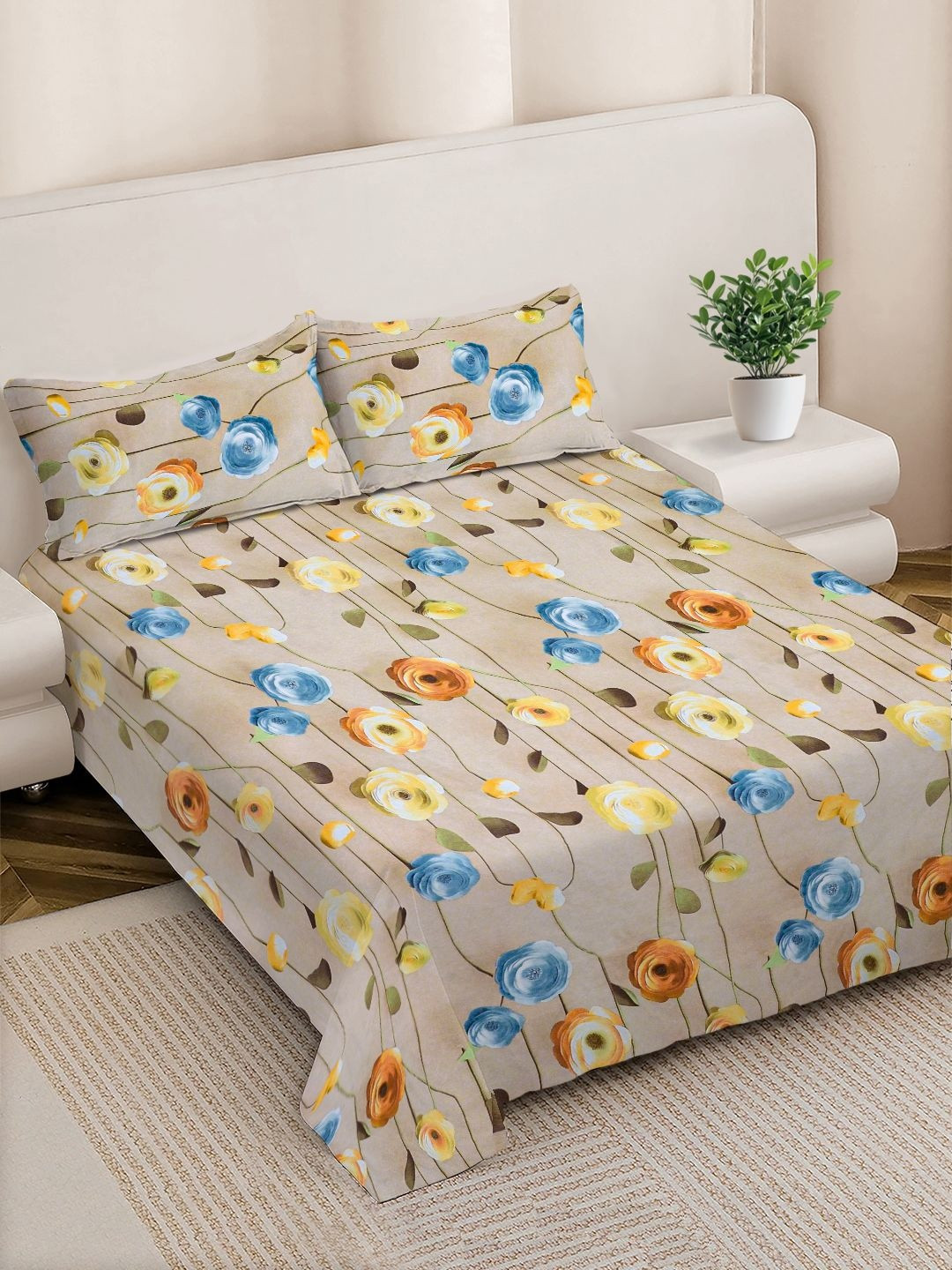 FABINALIV Cream Floral 300 TC King Size 7D Bedsheet & 2 Pillow Covers