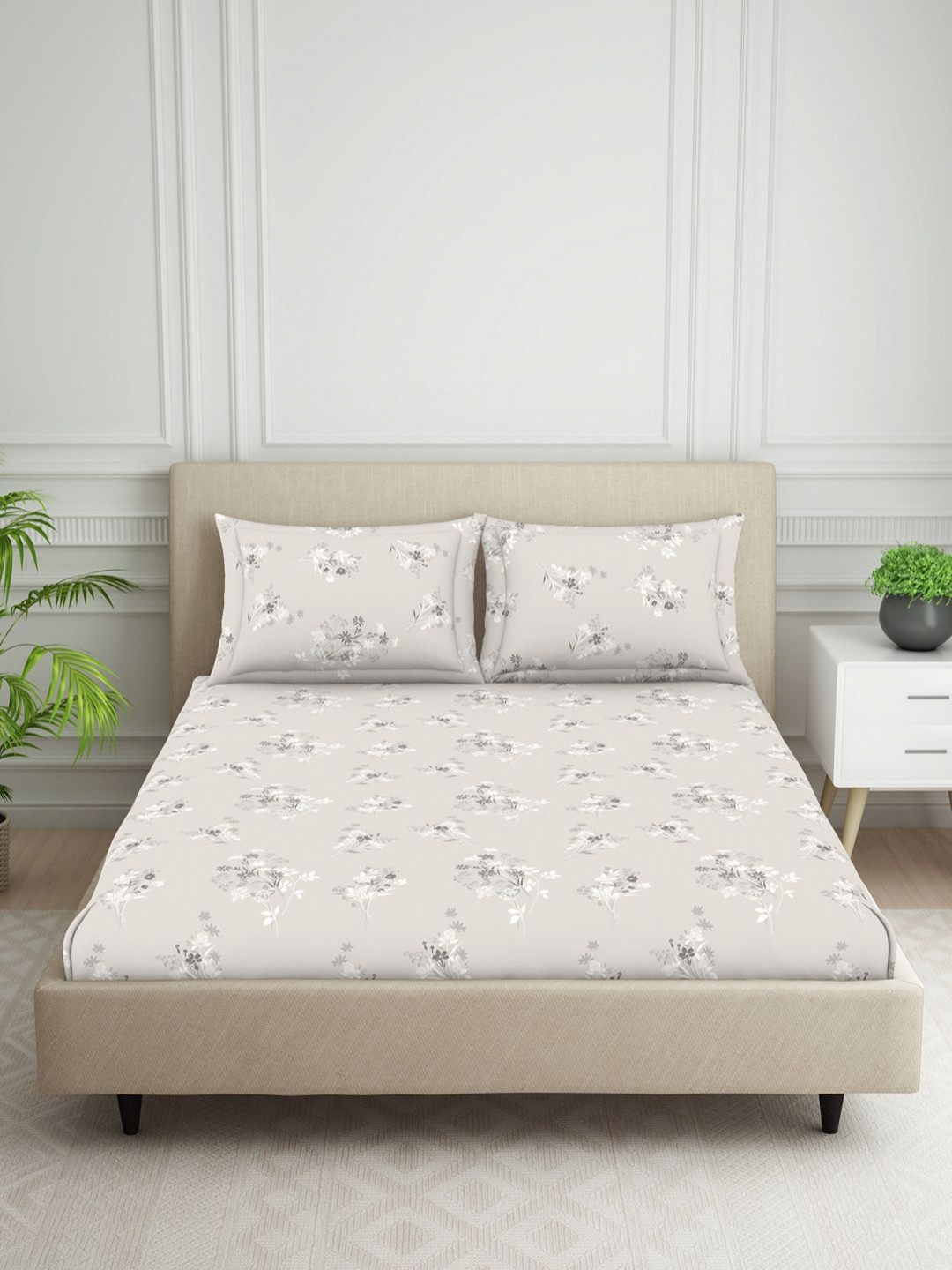 Welspun Harmony Grey Floral 120TC King Bedsheet Set 108 x 108 Inches