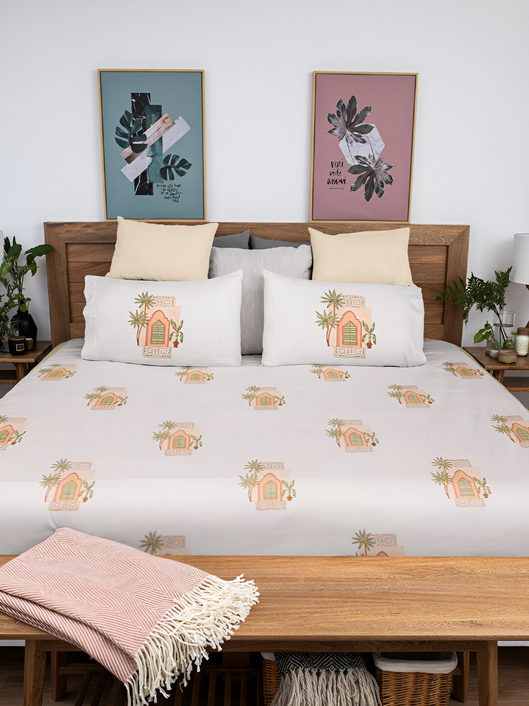 Baarno White Graphic Cotton 220 TC King Fine Bedsheet with 2 Pillow Covers-228 x 270 cm