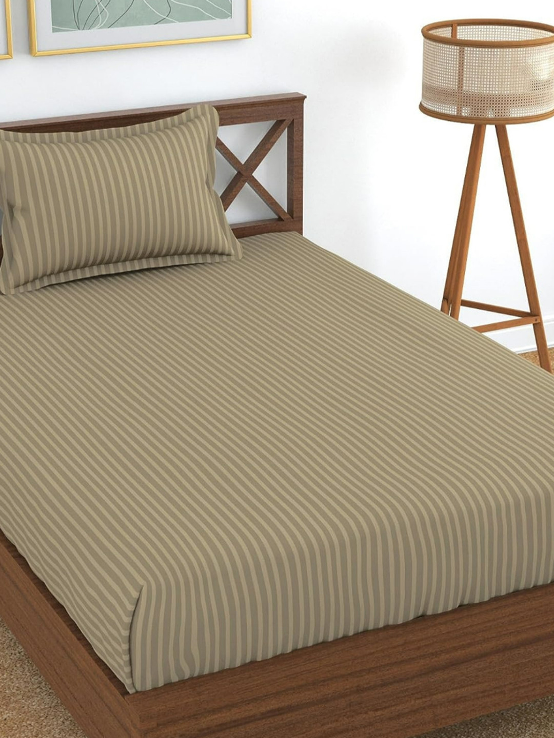 UrbanArts Beige Striped Cotton 200 TC Single Fine Bedsheet with a Pillow Cover-90 x 57 inches