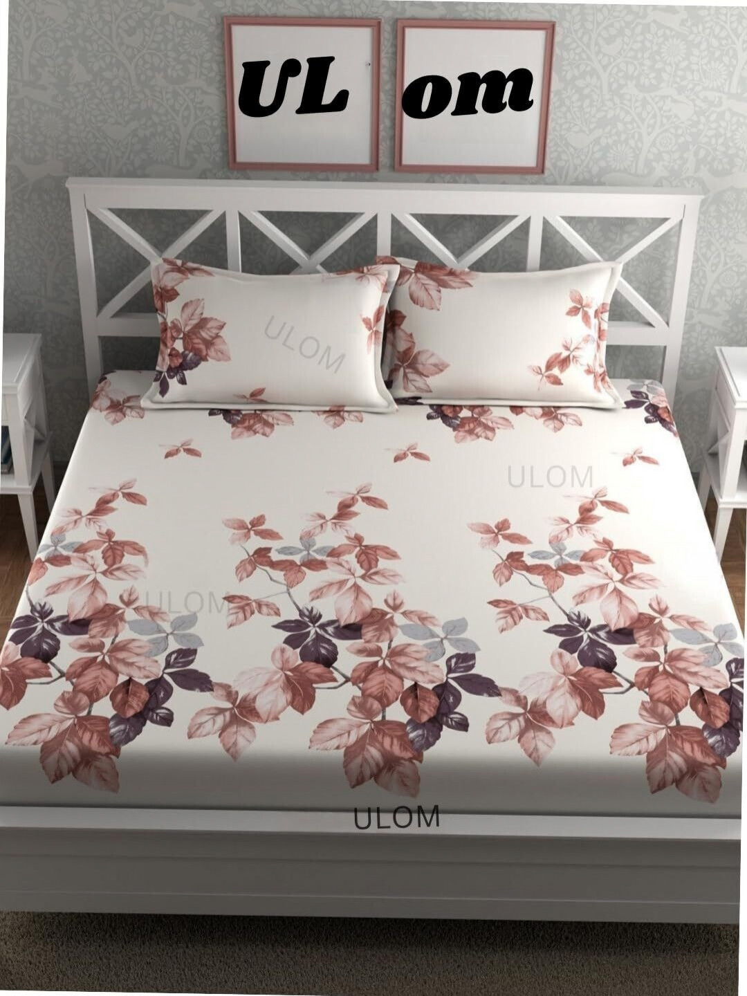 Myntra Elegant Homes White Floral Polycotton Breathable 300 TC Fitted King Fine Bedsheet with 2 Pillow Covers-182 x 198 cm