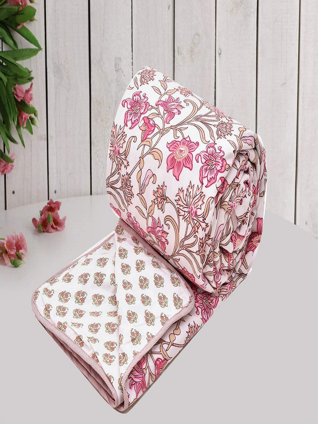 RRC White & Pink Floral AC Room 120 GSM Single Bed Dohar