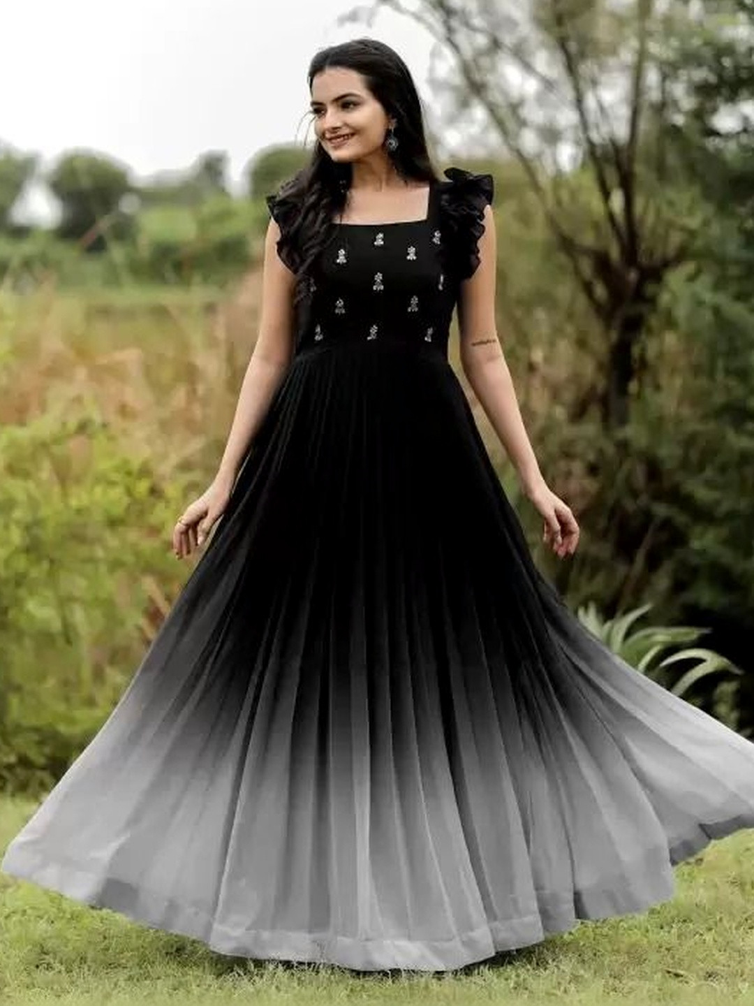 Sangria Embroidered Square Neck Fit & Flare Ethnic Dress