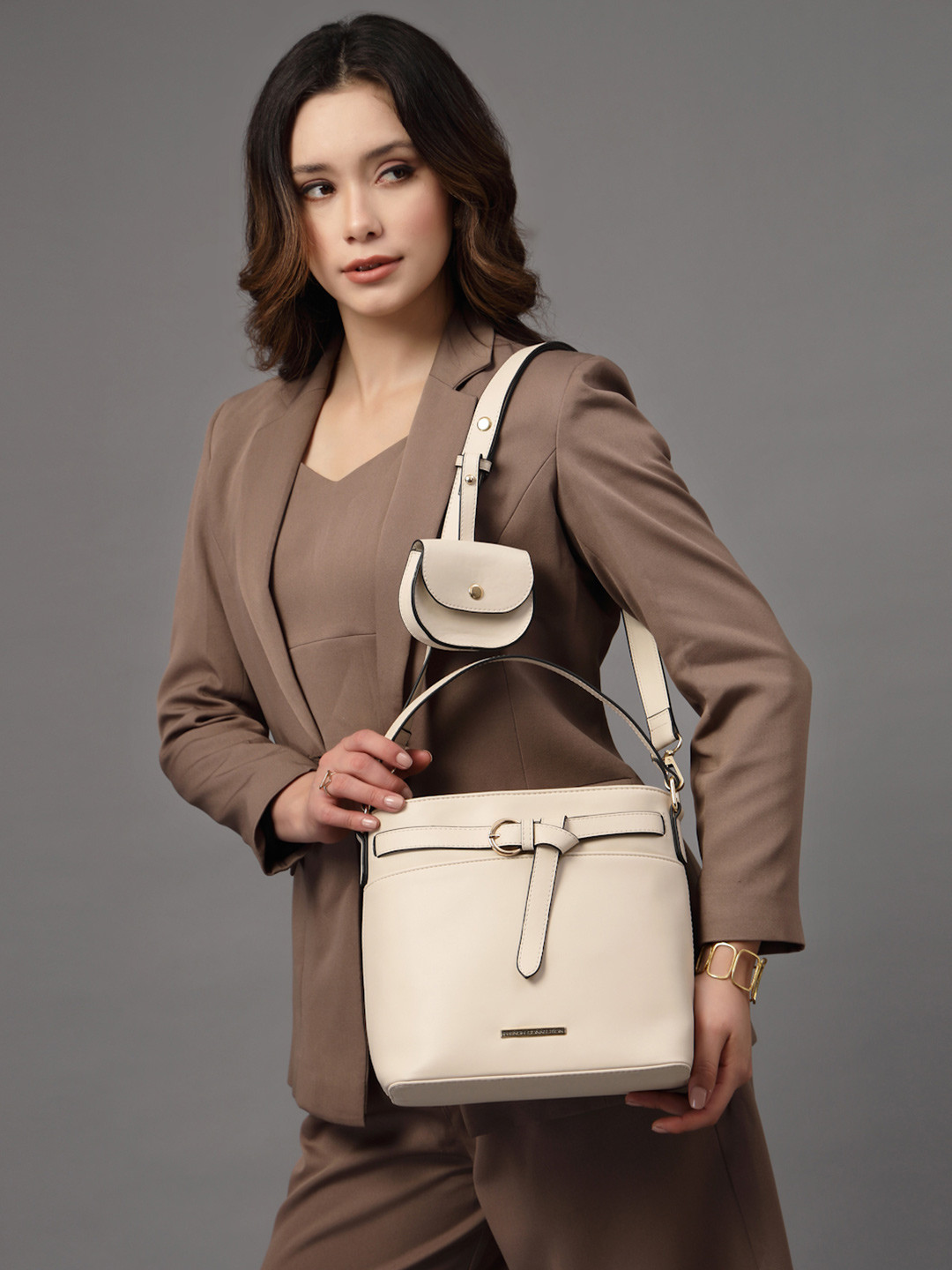 French Connection Solid Buckle Detail Structured Sling Bag With Pouch