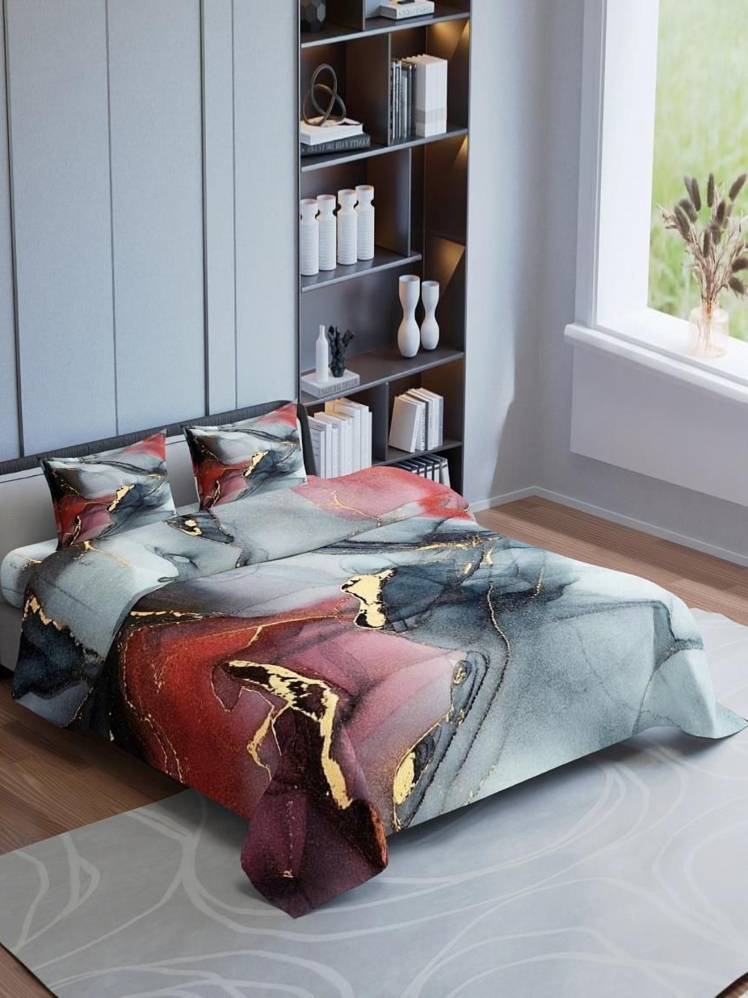 Synergized Cotton Red & Black Abstract Cotton 300 TC King Bedsheet Set-2.74 m x 2.74 m