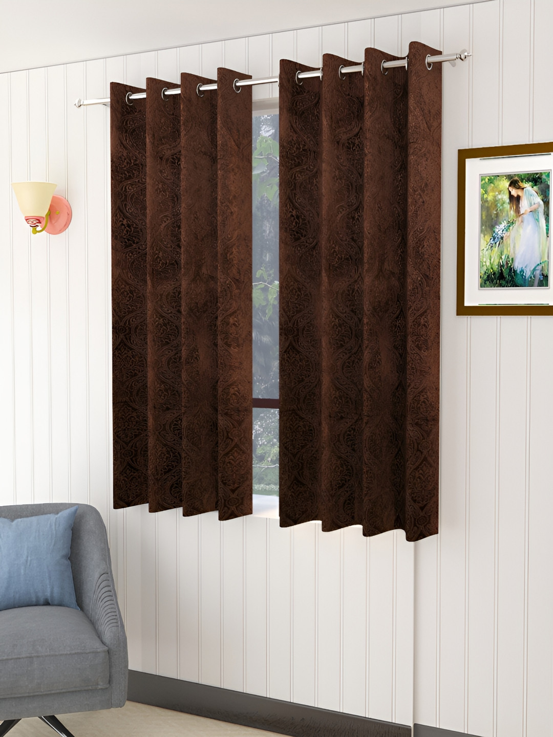 Aura Coffee Brown 2 Pieces Self Design Velvet Room Darkening Window Curtains