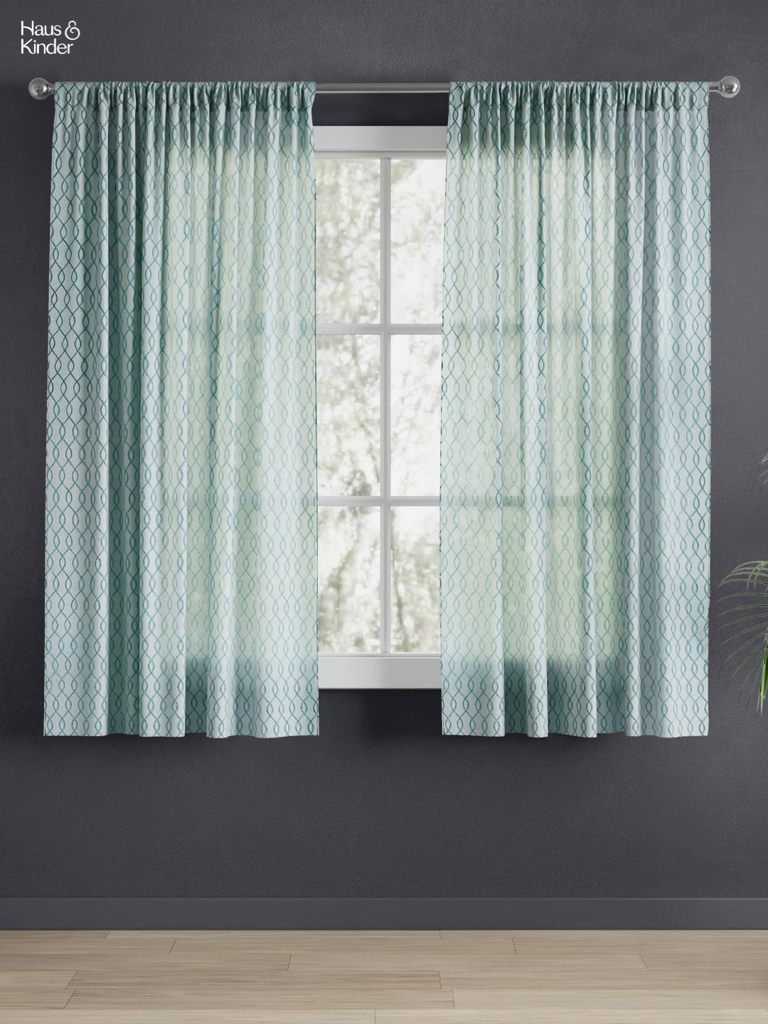 haus & kinder Teal 2 Pieces Printed Jacquard Rod Pocket 95 GSM Sheer Window Curtains