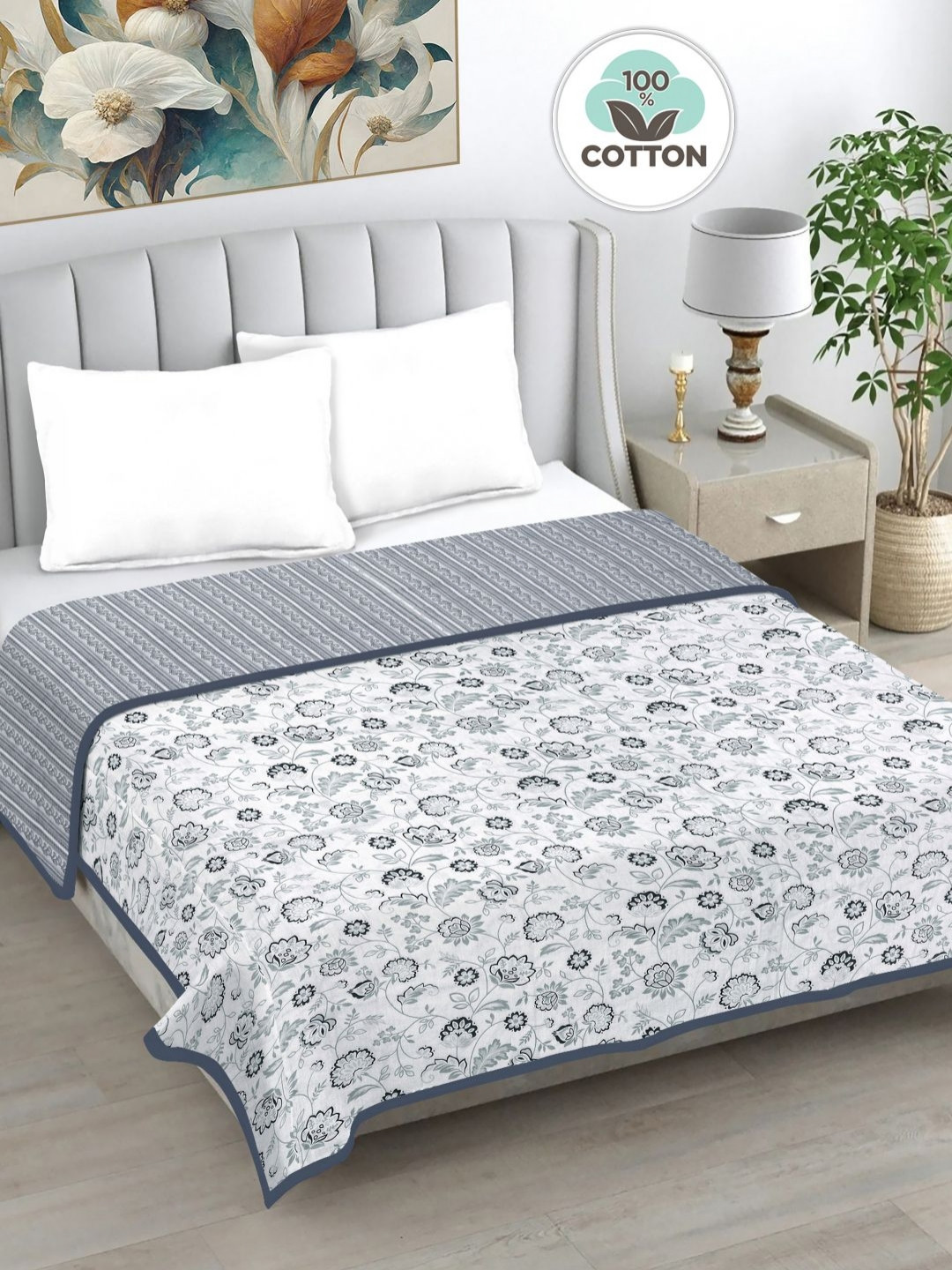 Myntra Elegant Homes White Printed Cotton AC Room 230 GSM Reversible Double Bed Dohar