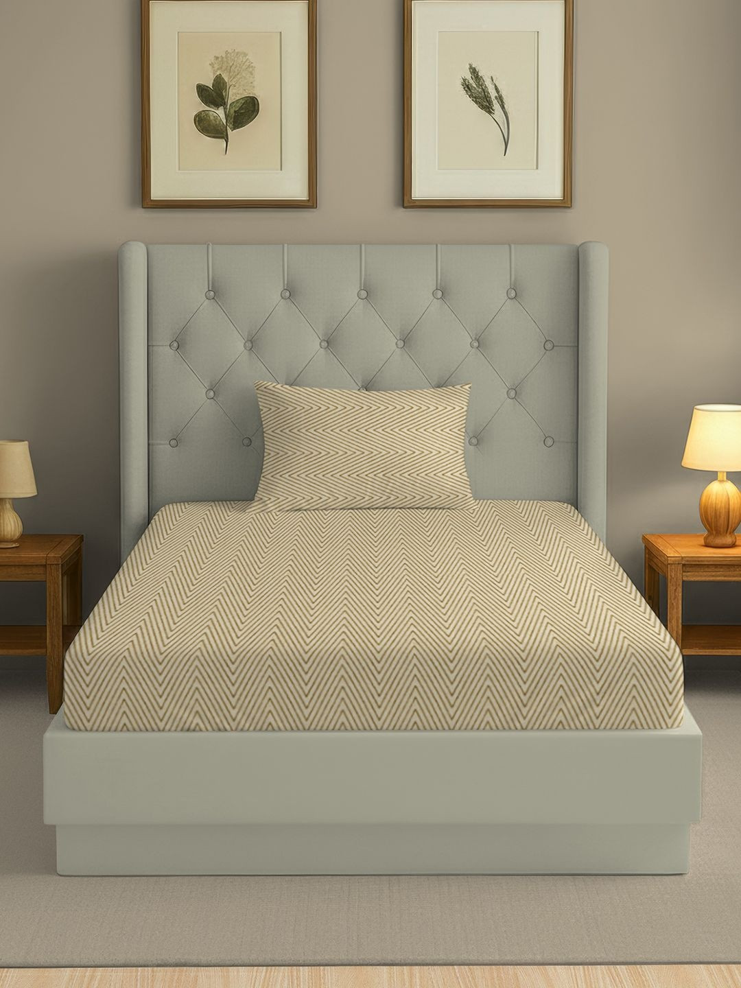 SWAYAM Beige Geometric 180 TC Single Bedsheet with 1 Pillow Covers