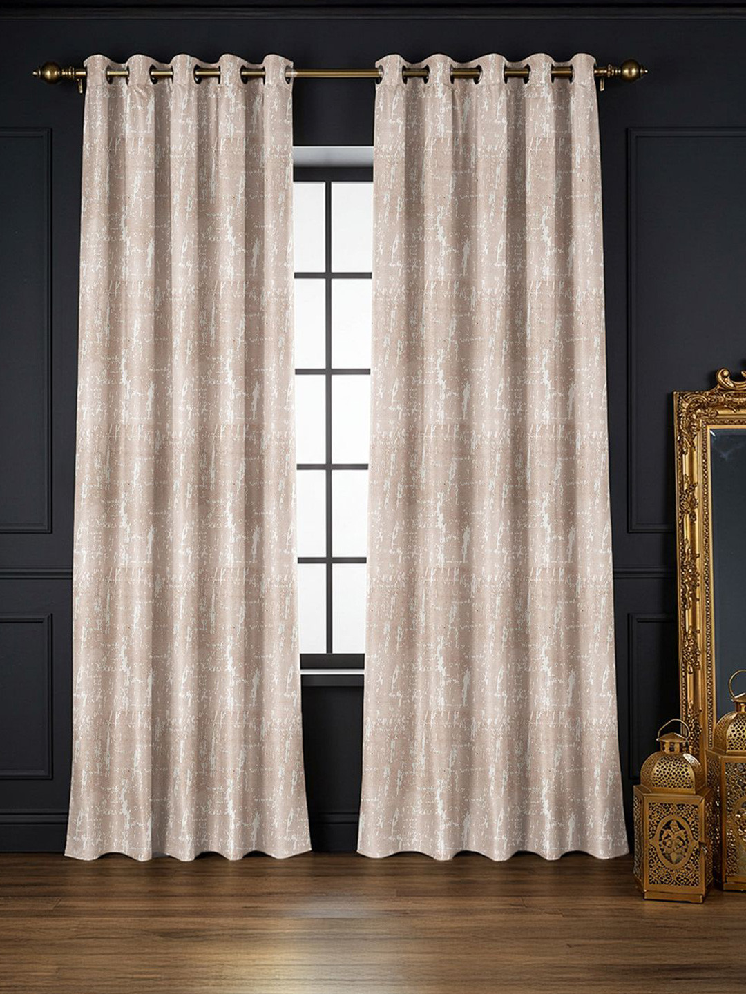 URBAN SPACE Brown & White 2 Pieces Abstract Jacquard Long Door Curtains (8ft x 4ft)