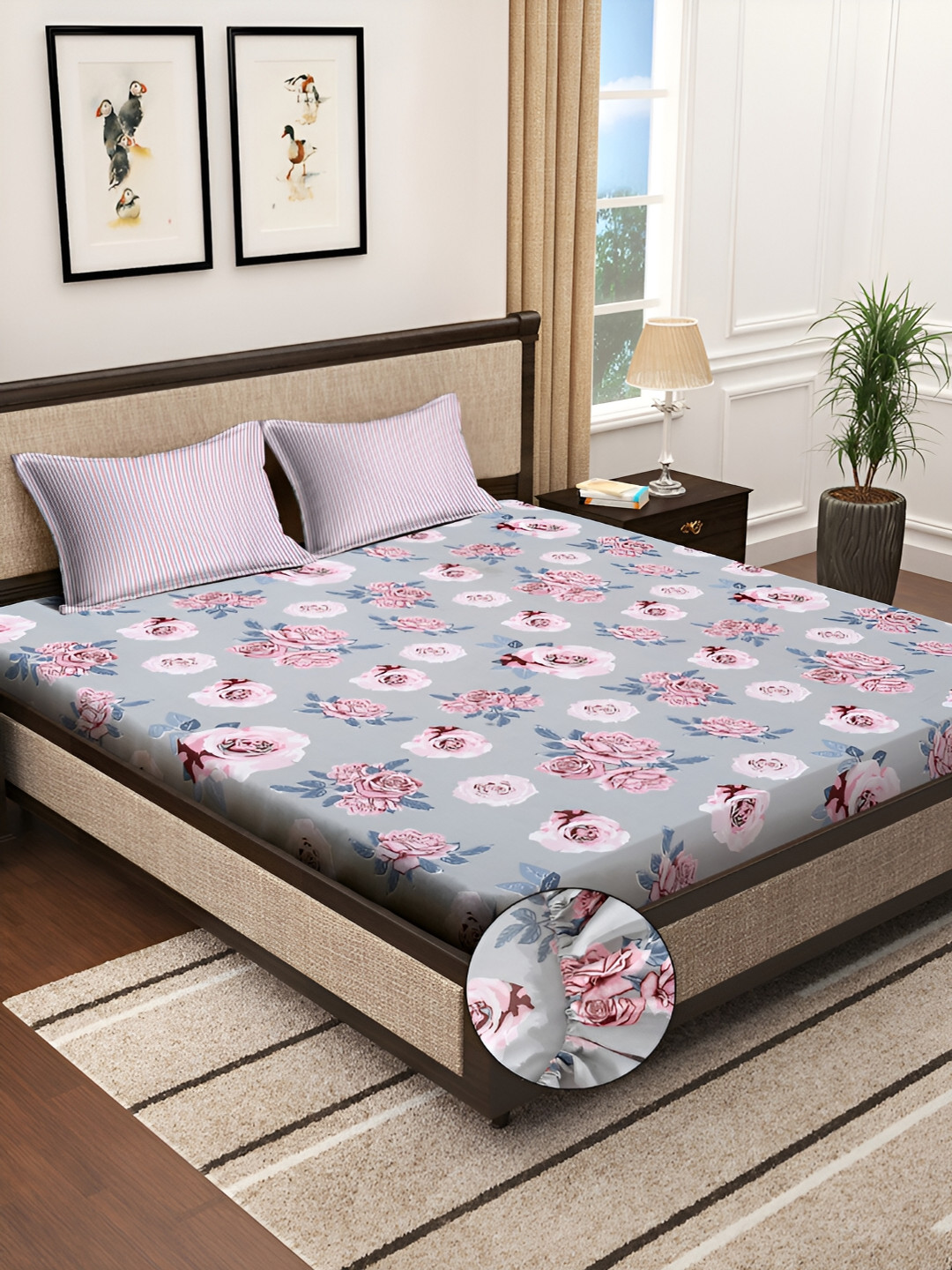 KLOTTHE Pink & Grey Floral Printed 300TC Super King Fitted Bedsheet With 2 Pillow Covers