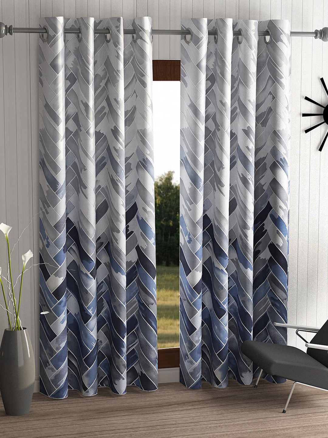 Home Sizzler Grey & Blue Set of 2 Geometric Long Door Curtain
