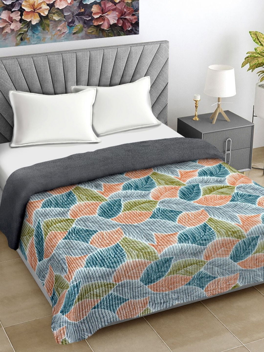 FABINALIV Blue & White Floral Woollen Mild Winter 400 GSM Double Bed Comforter