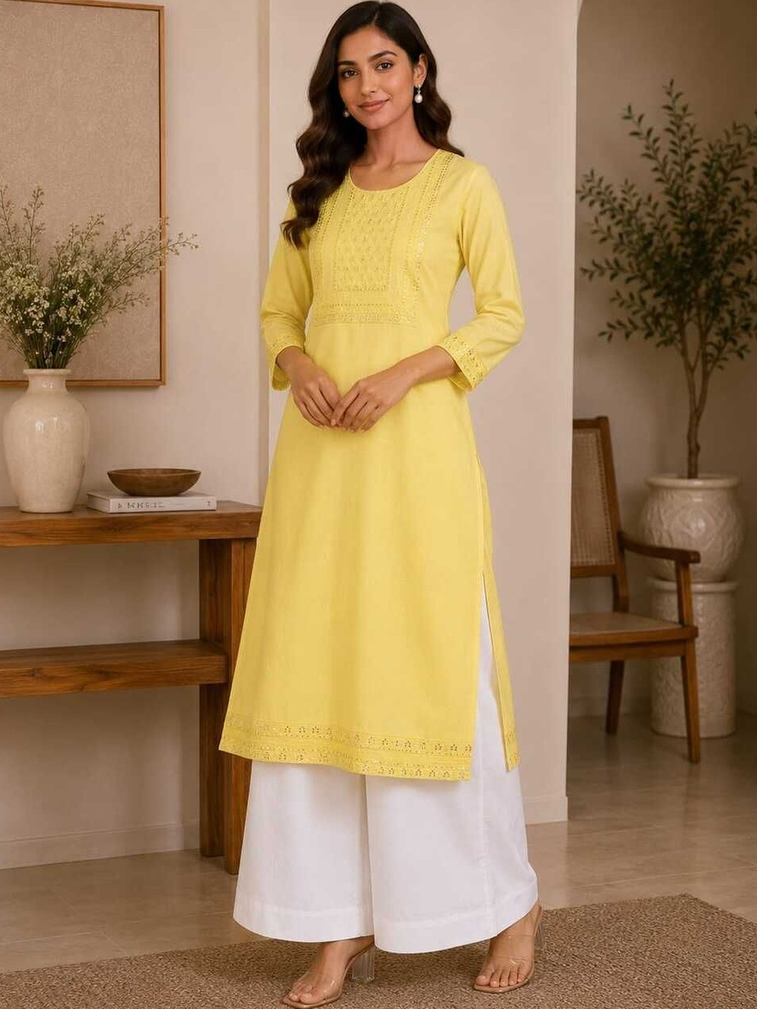 Crazy Needle Women Yellow Embellished Sequinned Kurta