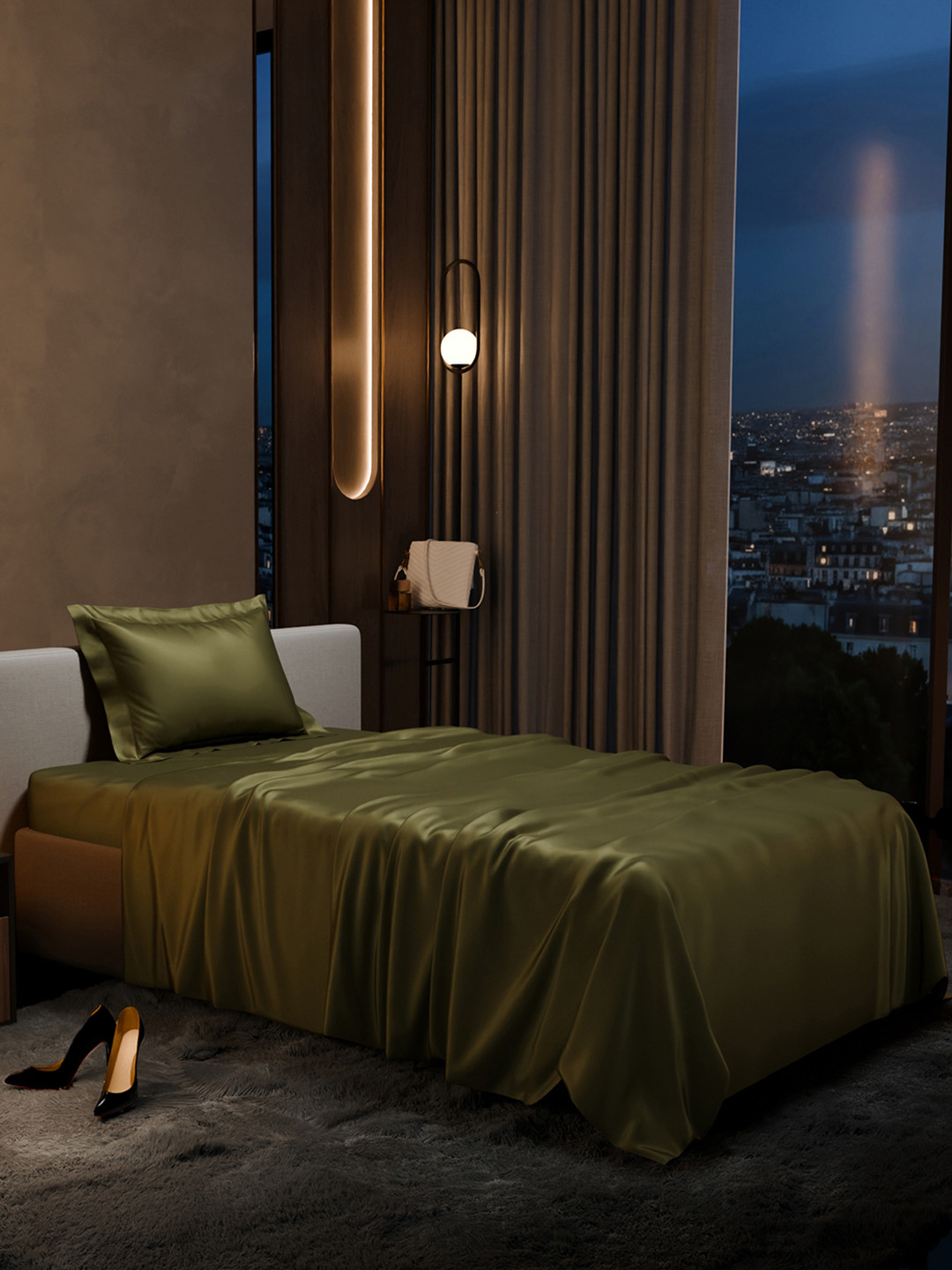 Stoa Paris Date Night Collection Olive Sateen 300 TC Fine Bedsheet -90 x 60 inches