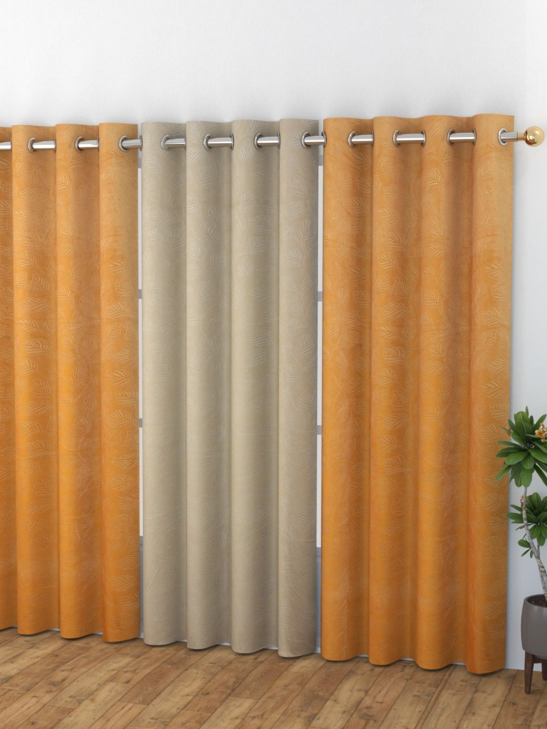 Banchmark Home Furnishings Haire Orange 3 Pcs Velvet Floral Room Darkening Window Curtains