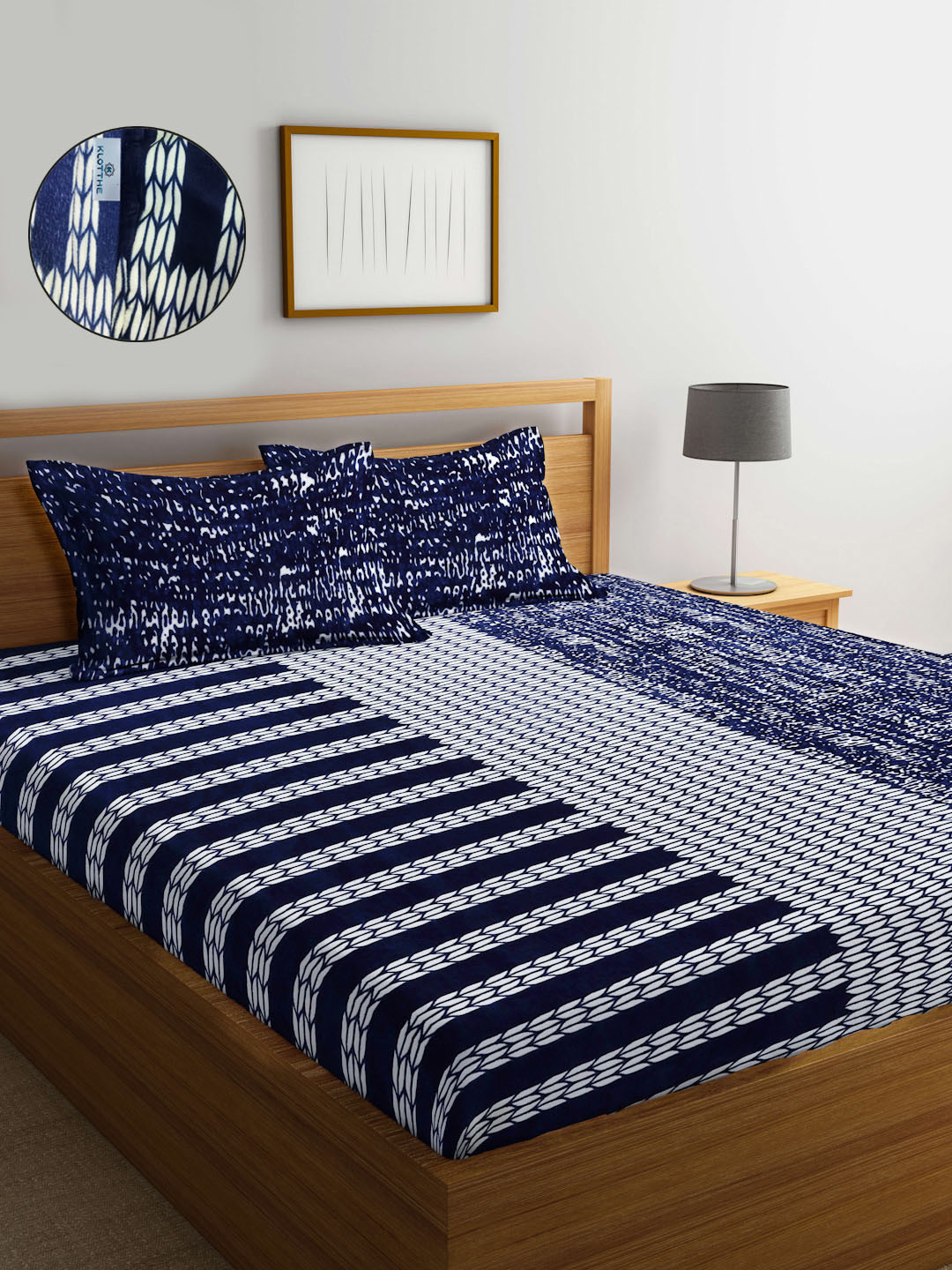 KLOTTHE Blue Abstract Printed Fitted 300TC Wool King Bedsheet Bedsheet With 2 Pillow Cover