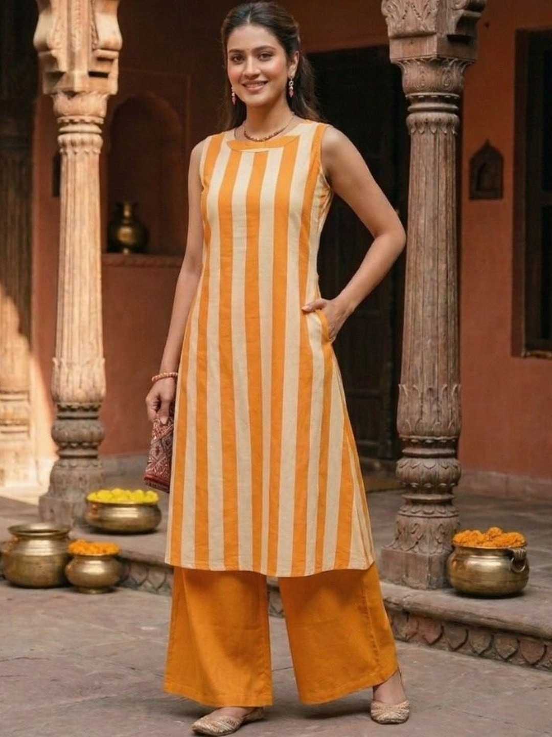BASABI Women Striped Round Neck Regular A-Line Pure Cotton Kurta with Palazzos