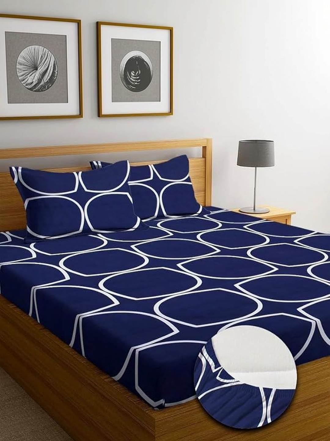 JASHAN Blue Geometric 210 TC King Bedsheet with 2 Pillow Covers