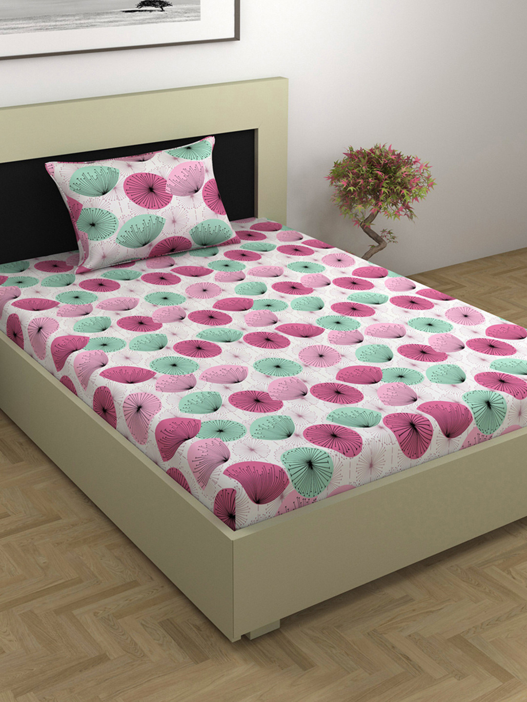 Divine Casa Rose Pink Floral Cotton 144 TC Single Bedsheet with 1 Pillow Cover