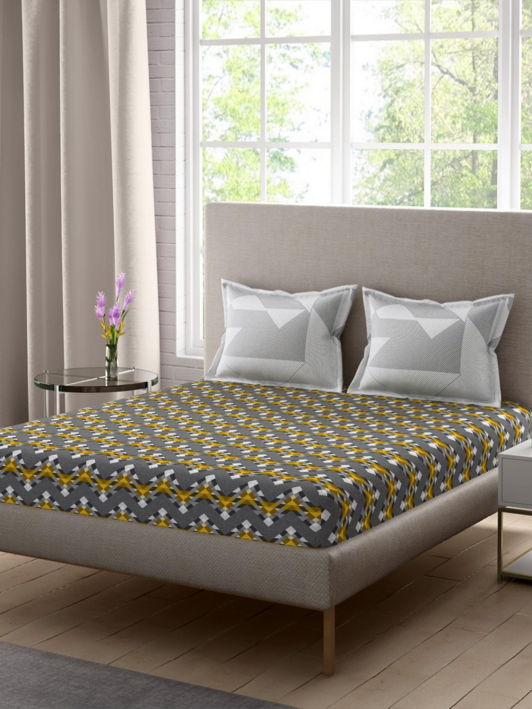Portico Celestia Grey & Yellow Abstract Cotton 144TC Double Queen Bedsheet Set-2.24mx2.74m