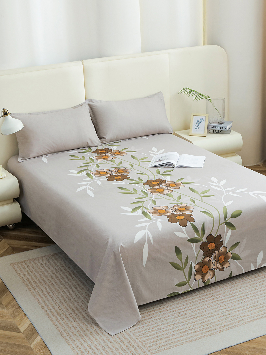 Story@home Grey Taupe Floral Cotton 210 TC King Bedsheet with Pillow Covers - 89x108 In