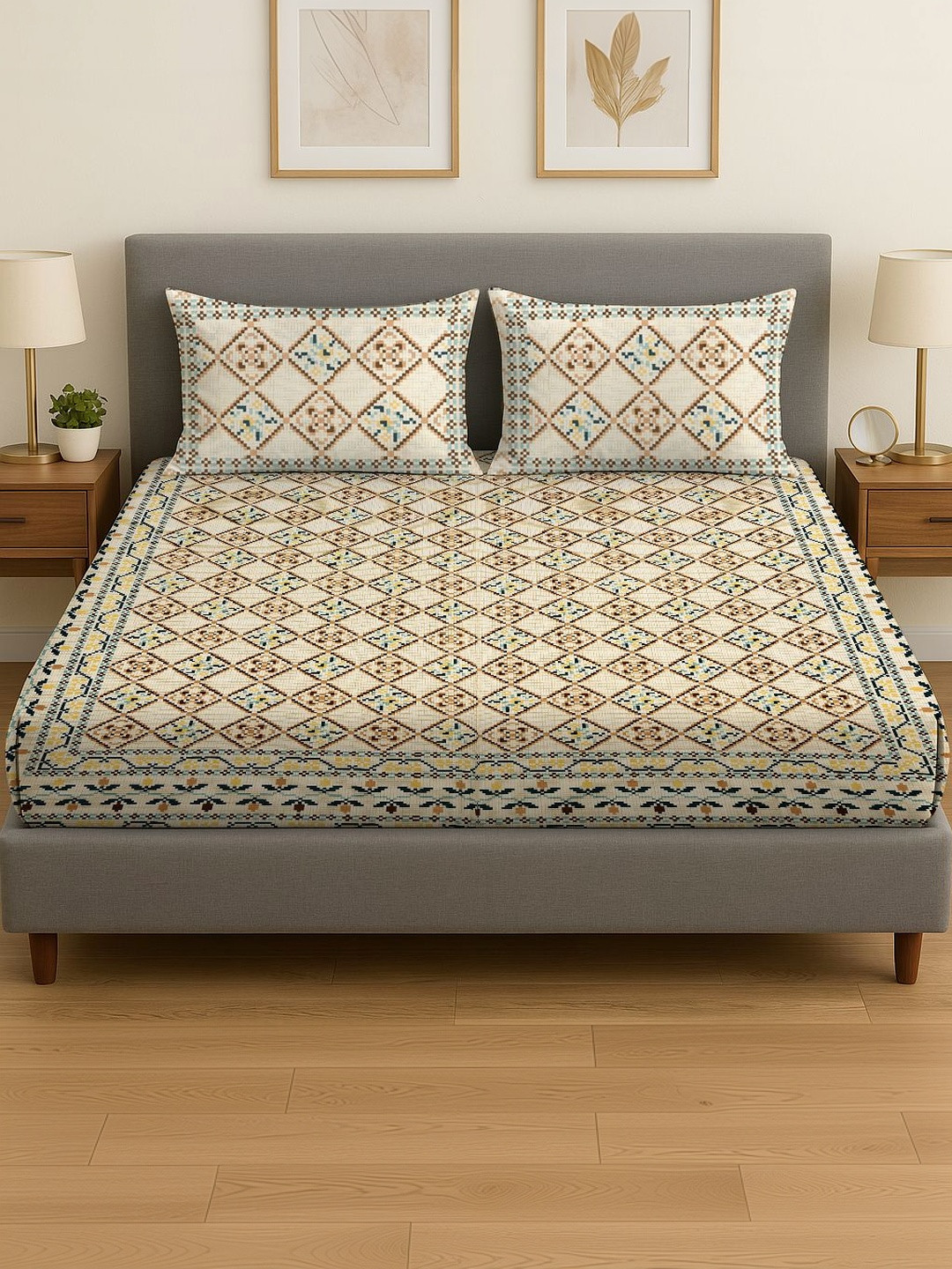 Spangle Grey And Blue Printed 280 TC Fitted Cotton King Bedsheet With 2 Pillow Covers