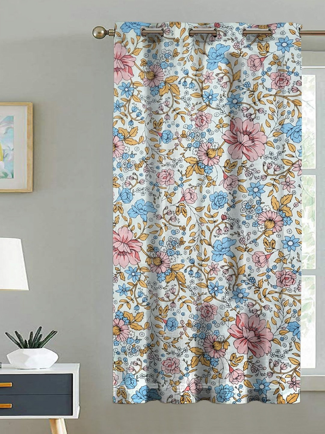 ANA White & Blue Floral Printed Window Curtain